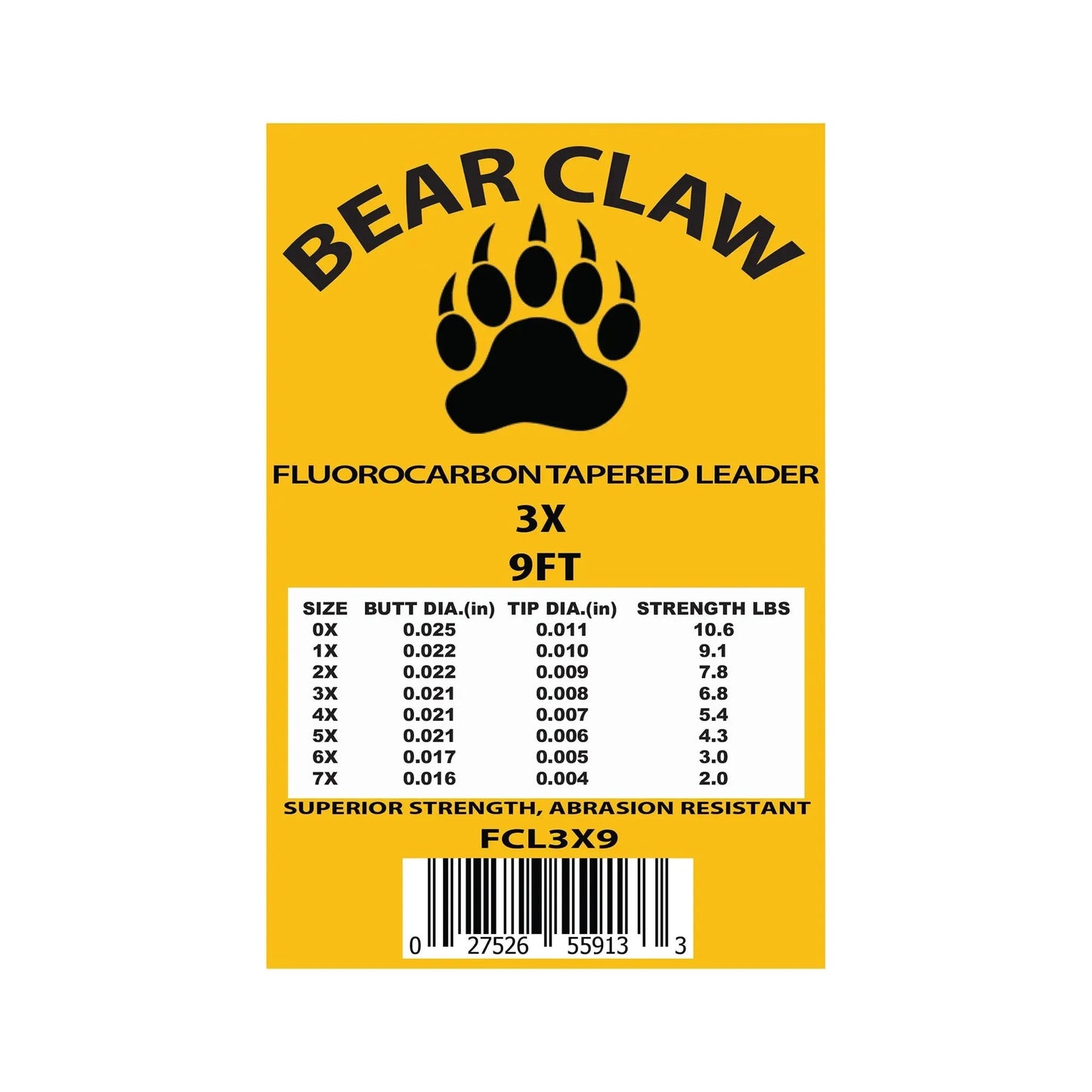 Yellow label for Jackson Hole Fly Company 9ft Fluoroflex Fluorocarbon Tapered Leader – 3 Pack, 3X size, ideal for clear water fly fishing. Features a black bear paw print and chart with line sizes, diameters, and strength.