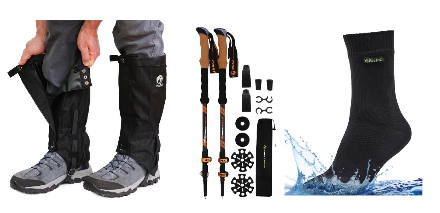 A person wears Pike Trail “Hiker” Bundle leg gaiters over boots next to carbon-fiber trekking poles with accessories and a black waterproof sock, all by Pike Trail.