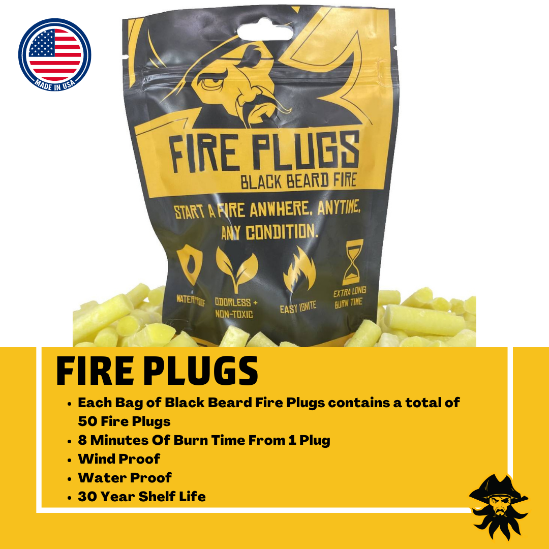 A bag of Black Beard Fire Starters Fire Plugs - Fire Starter Tinder stands upright among yellow waterproof plugs, featuring a bearded man logo, American flag, and a yellow info box highlighting its 30-year shelf life.