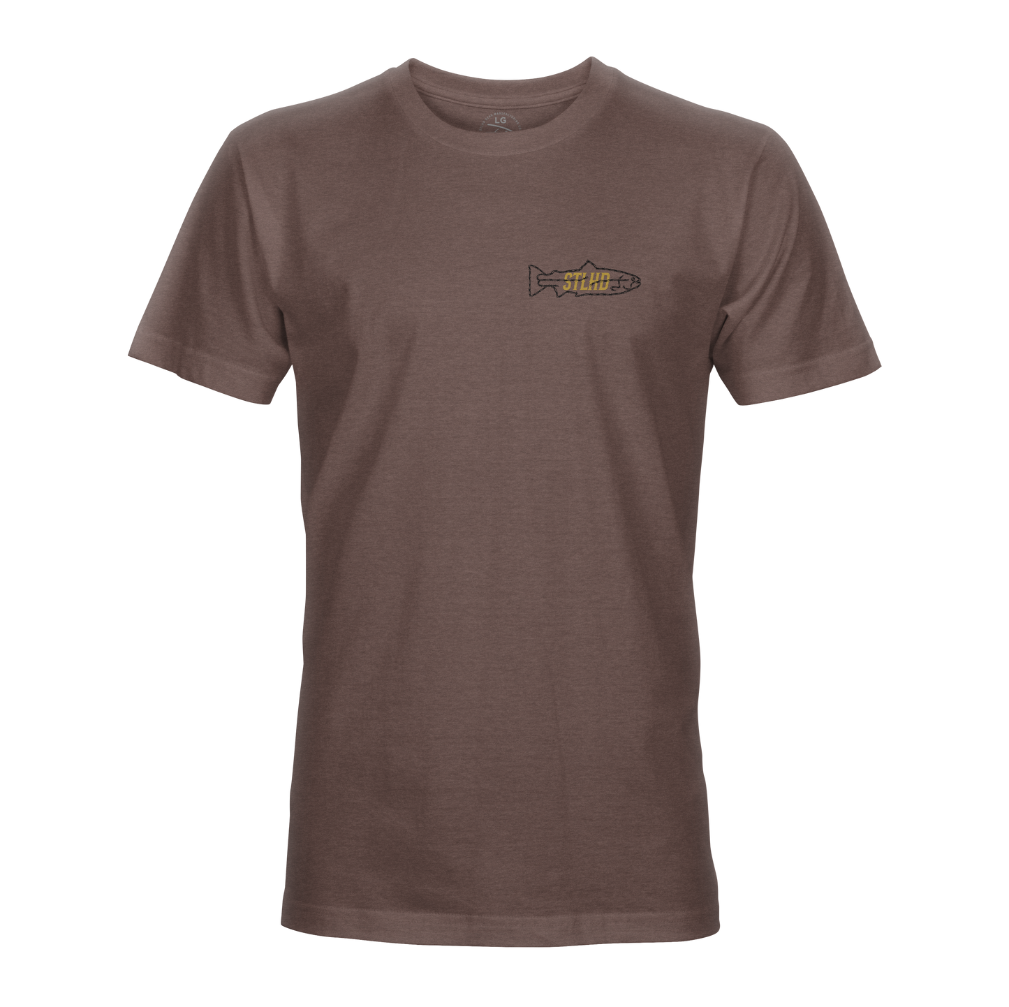 The STLHD GEAR Rancher T-Shirt is a plain brown short-sleeve tee with a small fish graphic and STUMP on the left chest, making it a breathable work shirt for those who Work Hard Fish Hard.