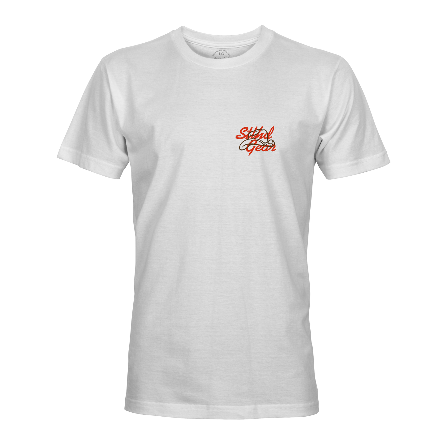 White t-shirt with red and black STLHD GEAR logo on a white background