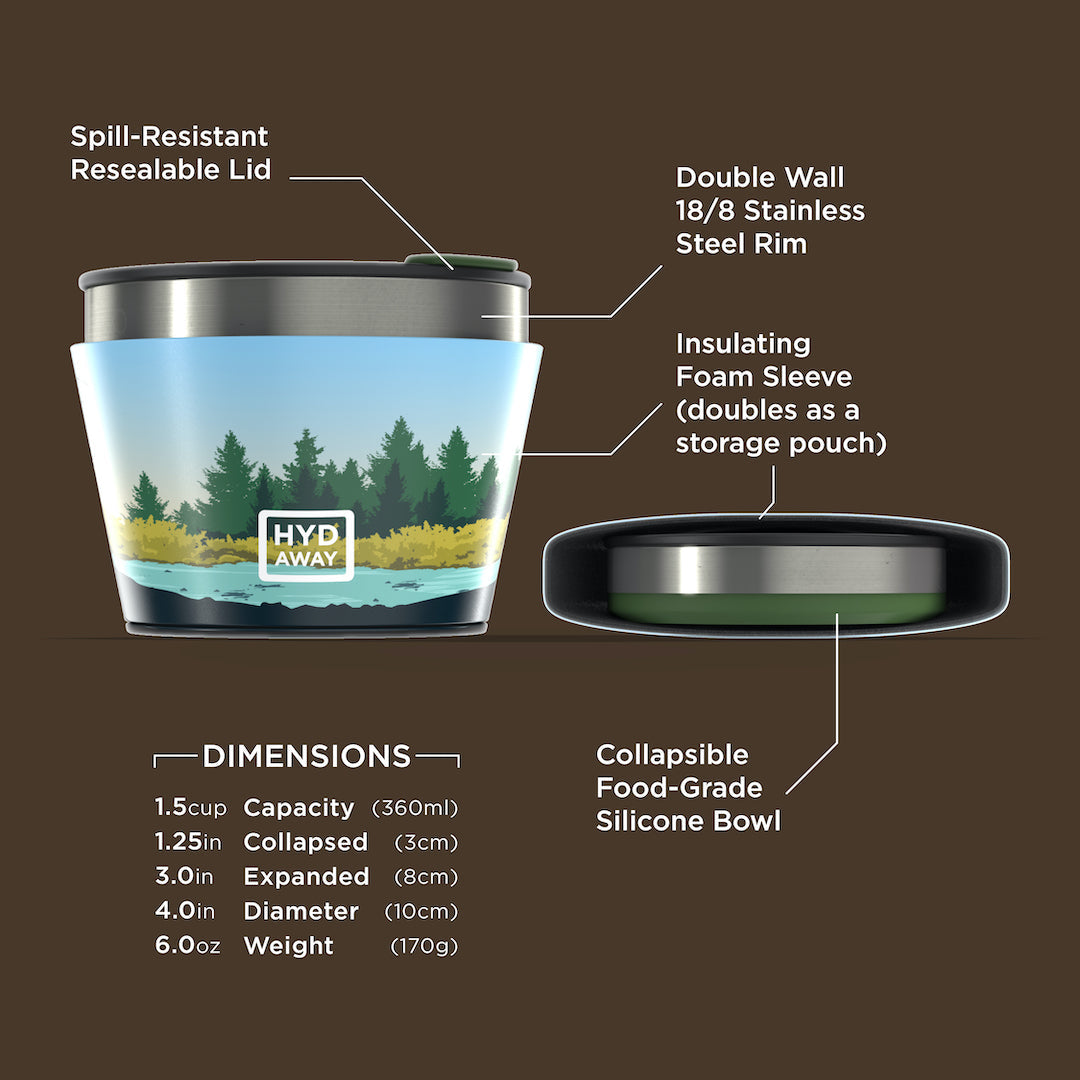 The HYDAWAY 1.5-Cup Collapsible Insulated Bowl from HYDAWAY Official Store is BPA-free silicone with a nature scene, spill-resistant lid, double-wall stainless steel rim, insulating foam sleeve—ideal for camping and packing compactly.