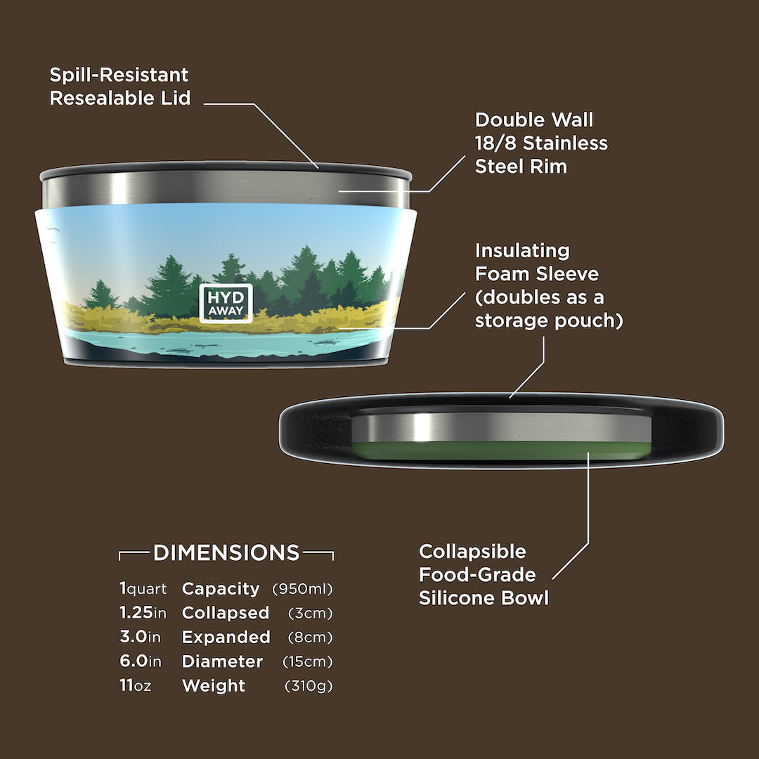 A labeled diagram of the HYDAWAY 1-Quart Collapsible Insulated Bowl from HYDAWAY Official Store, made of BPA-free silicone with a forest design, spill-resistant lid, stainless steel rim, foam insulation sleeve, expands to 3, collapses to 1.25.
