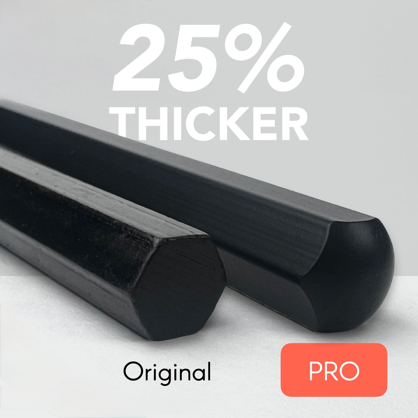Two black hex rods from Überleben are shown side by side; the Überleben Hexå PRO is notably thicker than the Original, with text reading 25% THICKER to highlight this heavy-duty ferro rod fire starter for survival needs.