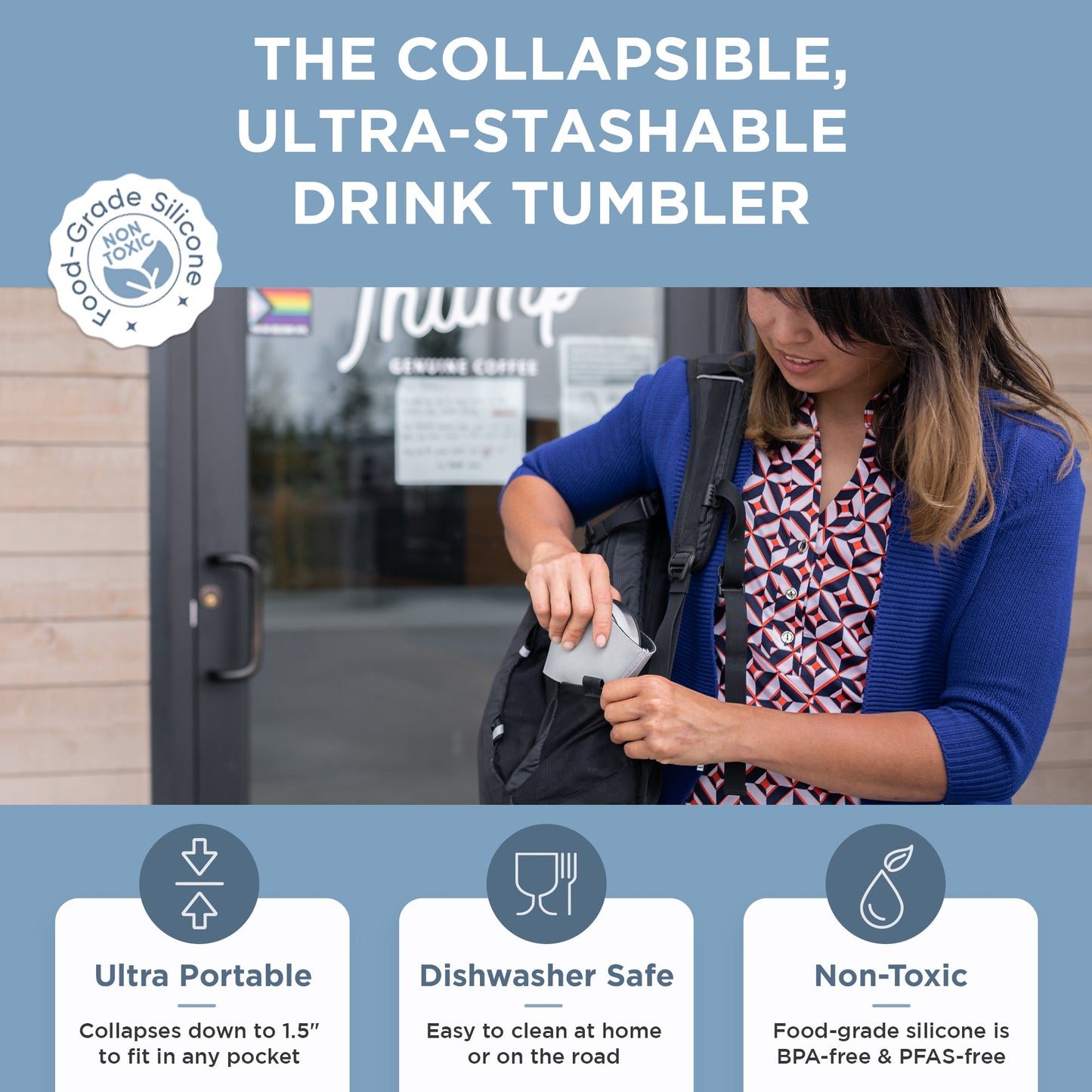 Person holding a collapsible drink tumbler with product features highlighted.