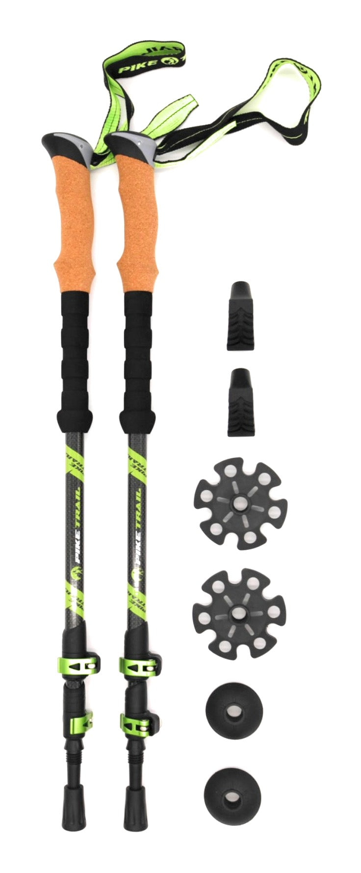 The Pike Trail Carbon Fiber Trekking Poles, in green and black with cork handles, adjustable straps, and various tips and baskets, are ultralight high-performance hiking sticks for trekking, hunting, or Nordic walking.