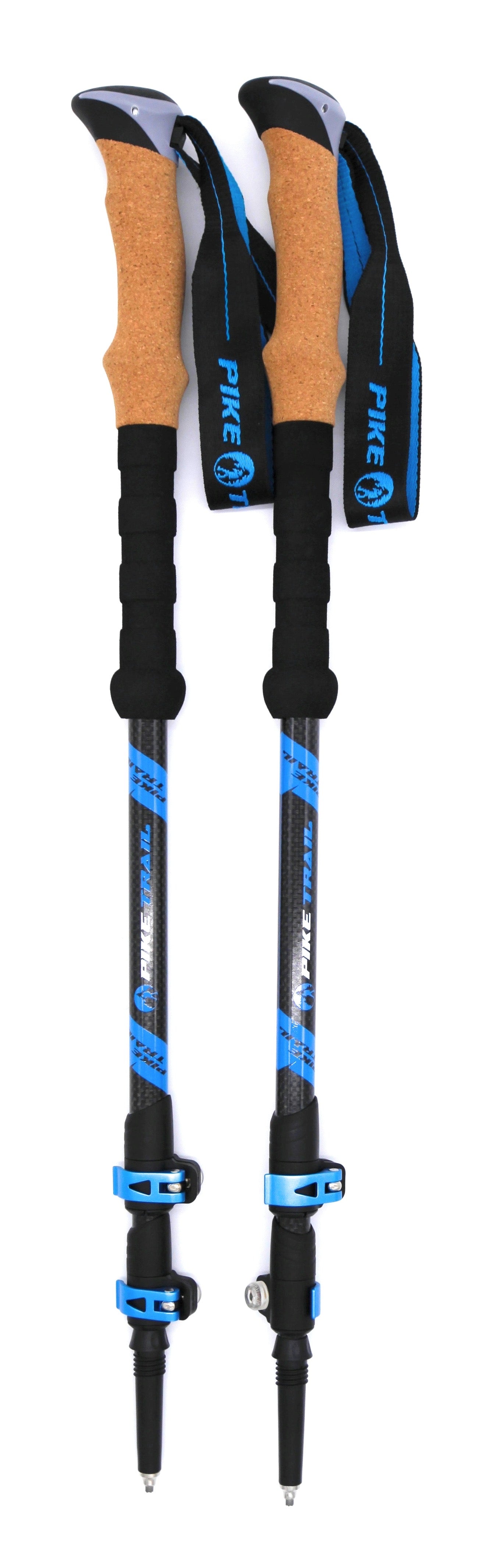 Pike Trail Carbon Fiber Trekking Poles, in black and blue with cork handles, adjustable straps, and extendable shafts, stand upright against a white background. High performance hiking sticks by Pike Trail.