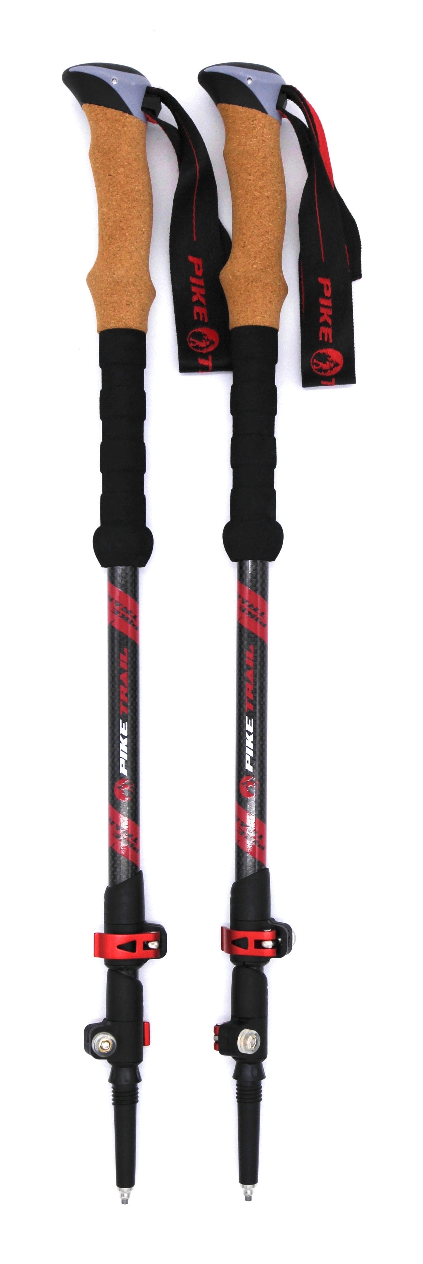 Two Pike Trail Carbon Fiber Trekking Poles with cork handles, foam grips, and wrist straps are shown side by side against a white background. Perfect high-performance hiking sticks for hiking, trekking, or Nordic walking.