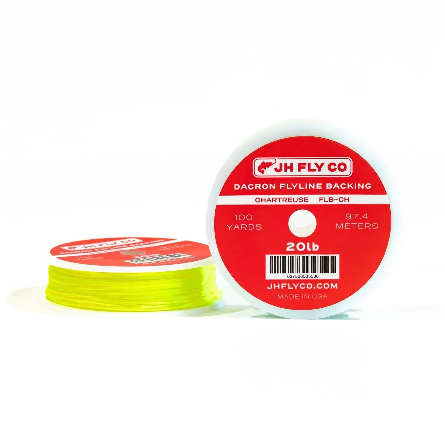 A spool of chartreuse 20lb dacron backing (100 yds) by Jackson Hole Fly Company, ideal for the Flat Creek Rod Combo Kit – 90 5WT, Ready for the River. Red and white label features barcode and company website.