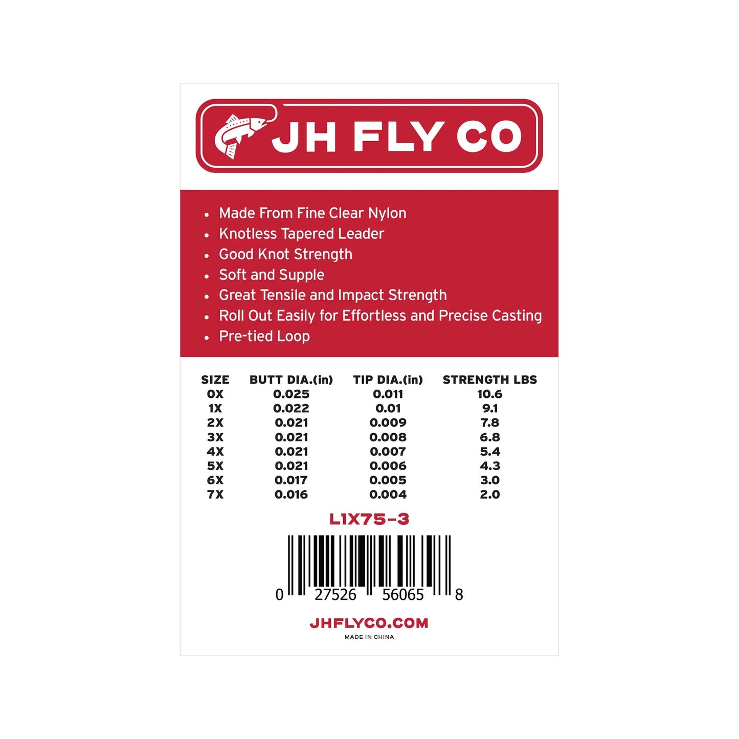 The Jackson Hole Fly Company JHFLYCO Monofilament Nylon Tapered Leader - 3 Pack features fine clear nylon, a knotless tapered design, good knot strength, and a pre-tied loop; the back includes a size, diameter, and strength chart.