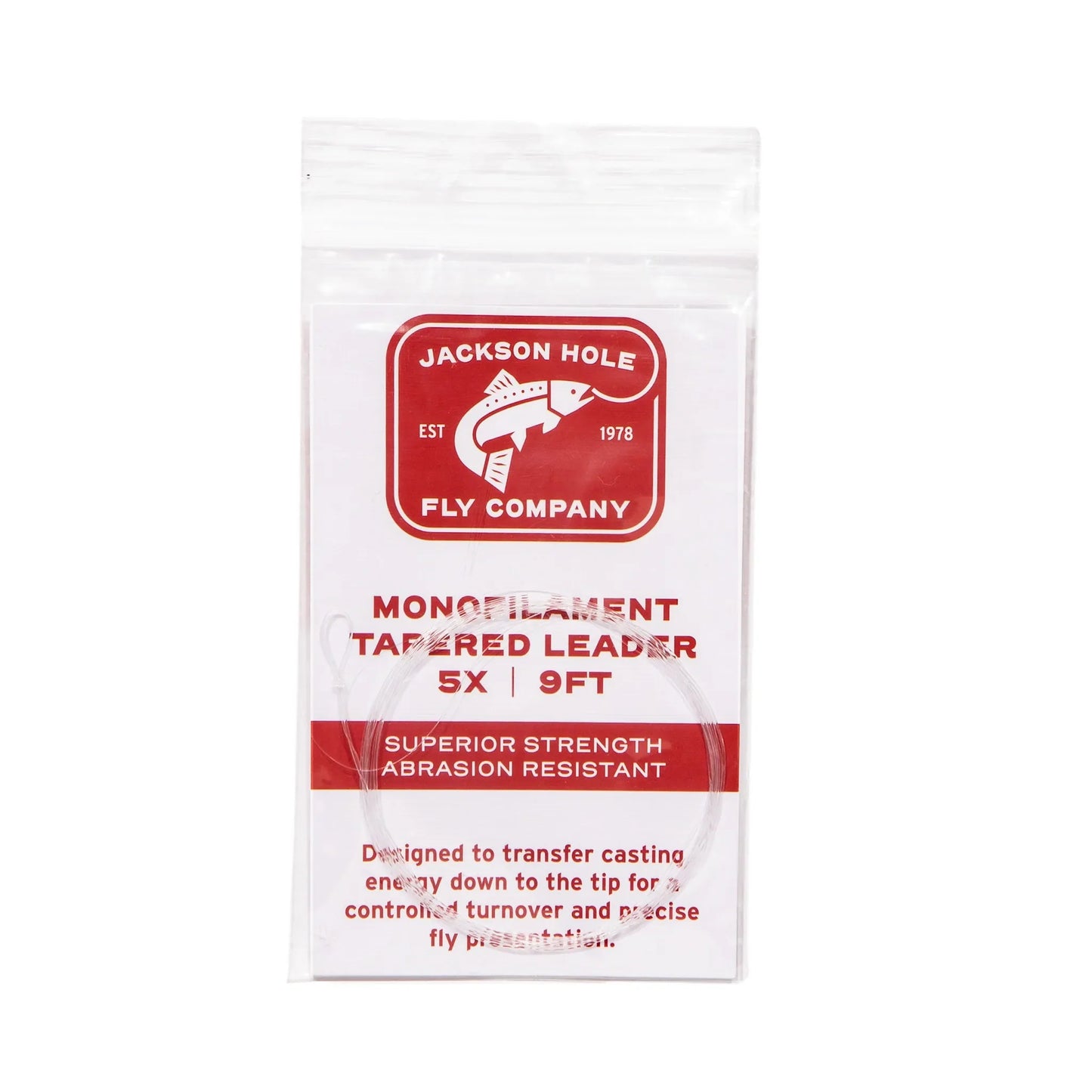 A clear plastic package of Jackson Hole Fly Company JHFLYCO Monofilament Nylon Tapered Leader - 3 Pack, labeled 5X, 9ft, with red and white branding highlighting superior strength and abrasion resistance for fly fishing.