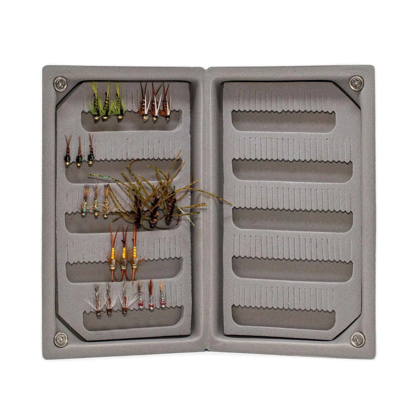 The Jackson Hole Fly Company JHFLYCO Loaded Foam Fly Box – Standard Nymph Assortment features neatly organized trout nymphs on the left, with empty slots on the right for adding more flies.