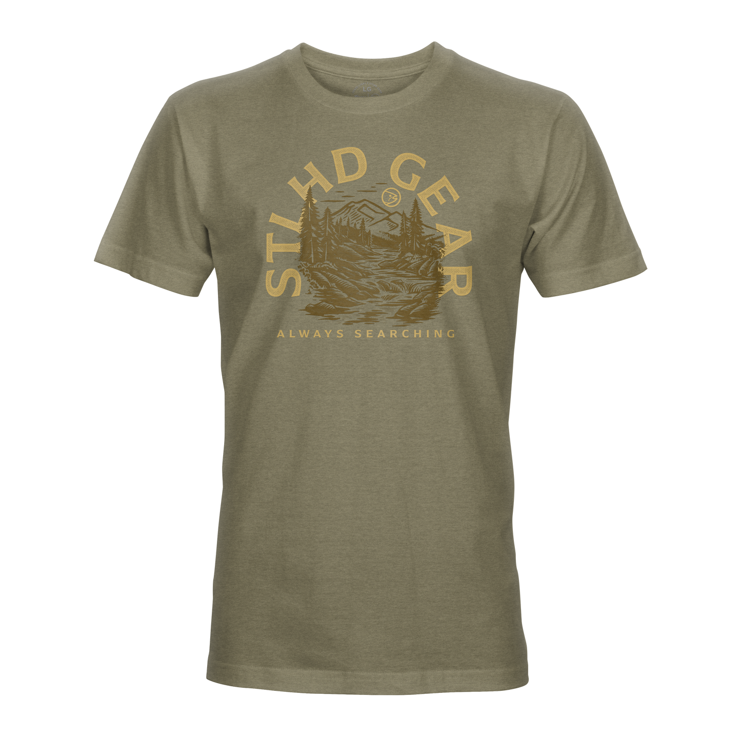 The STLHD Mountain View T-Shirt by STLHD GEAR is an olive green, breathable tee with a gold mountain, tree, and sun graphic. “STLHD GEAR” is above and “ALWAYS SEARCHING” below—ideal for outdoor adventure seekers.