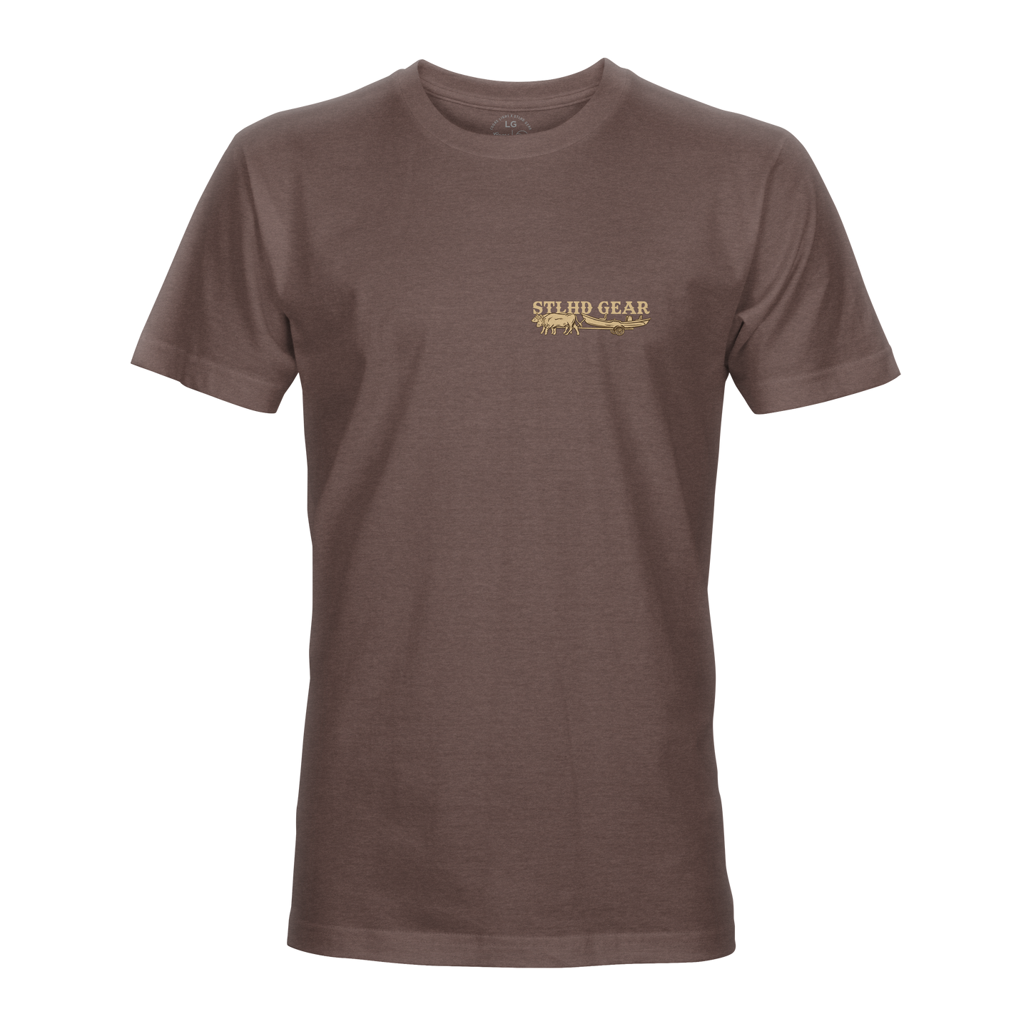 The STLHD Oregon Trail T-Shirt by STLHD GEAR is a plain brown short-sleeve tee with a yellow “STLHD GEAR” logo and fish graphic on the left chest, made for breathable comfort and shown on a white background.
