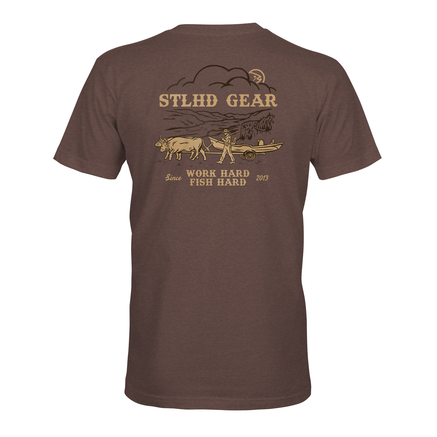 The STLHD Oregon Trail T-Shirt from STLHD GEAR features a man pulling a boat with an ox, yellow and beige graphics, WORK HARD FISH HARD slogan, and breathable comfort—perfect for every adventure since 2013.