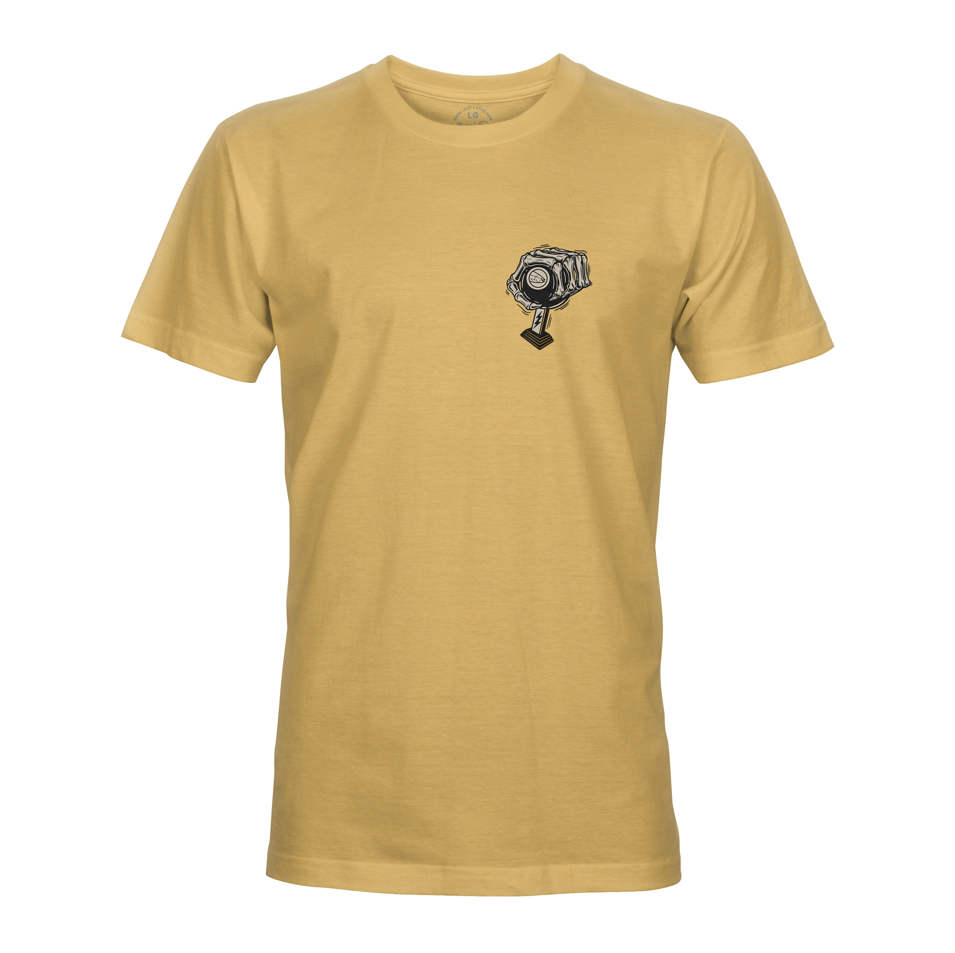 The STLHD Race Ya T-Shirt by STLHD GEAR comes in mustard yellow and features a small, detailed vintage film camera on the left chest. Shown flat on a white background, this shirt offers breathable comfort.