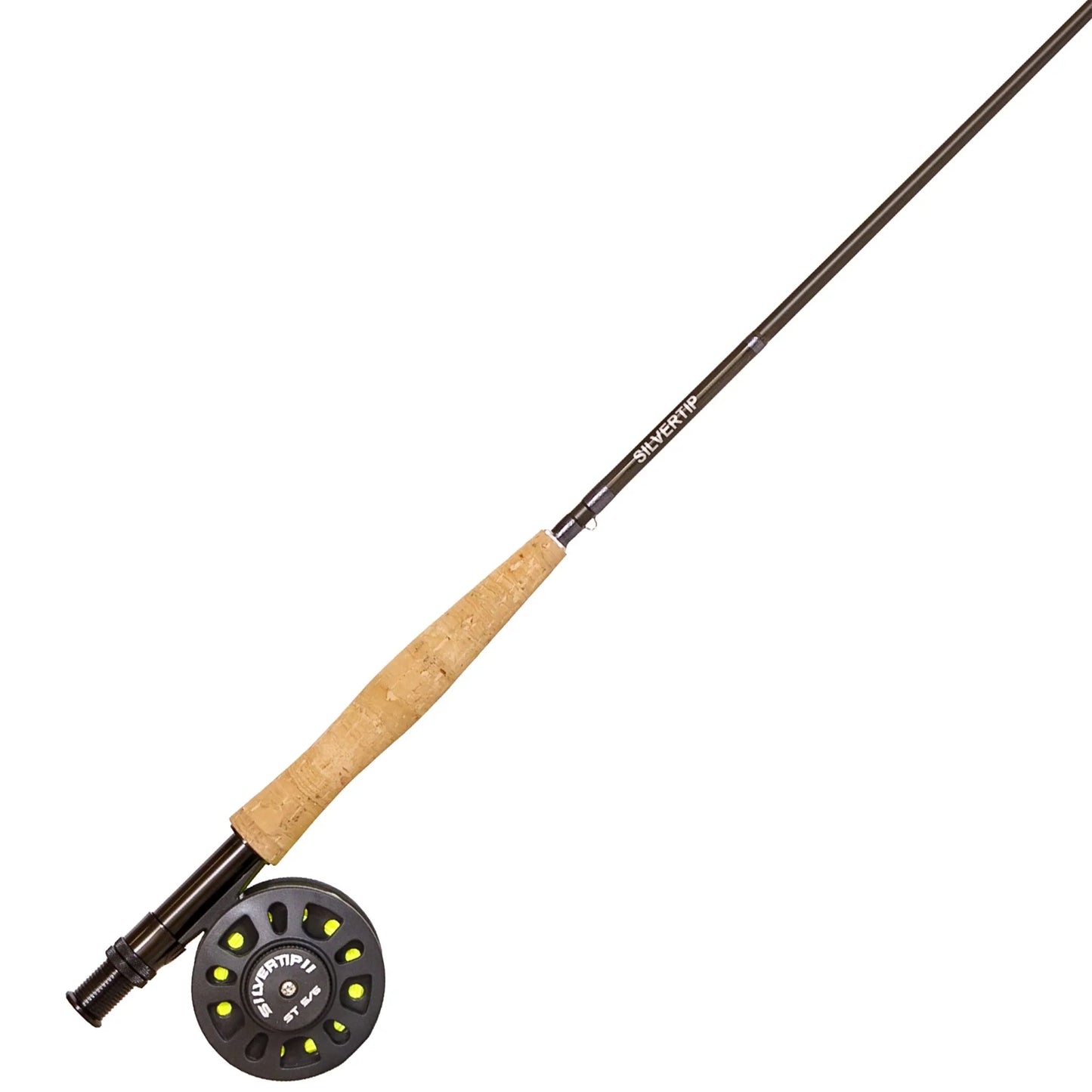 The Crystal Creek Fly Fishing Combo Kit – 90 5WT Beginner Set by Jackson Hole Fly Company features a fly rod with cork handle and an attached reel with yellow spool accents, displayed against a white background.