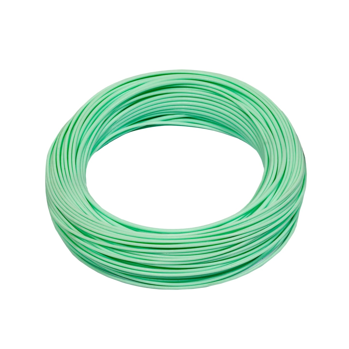 The Jackson Hole Fly Company Silvertip Weight Forward Fly Line, featuring a light green color and braided multifilament core, is shown neatly coiled in a circular shape on a white background.