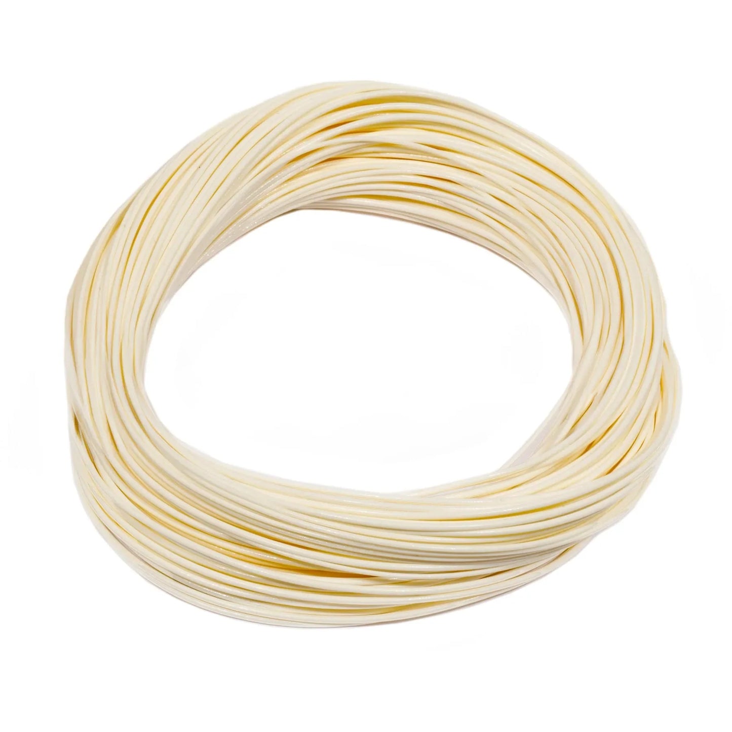 A coiled bundle of uncooked, flat pasta noodles on a white background resembles the braided multifilament core structure of Jackson Hole Fly Companys Silvertip Weight Forward Fly Line.