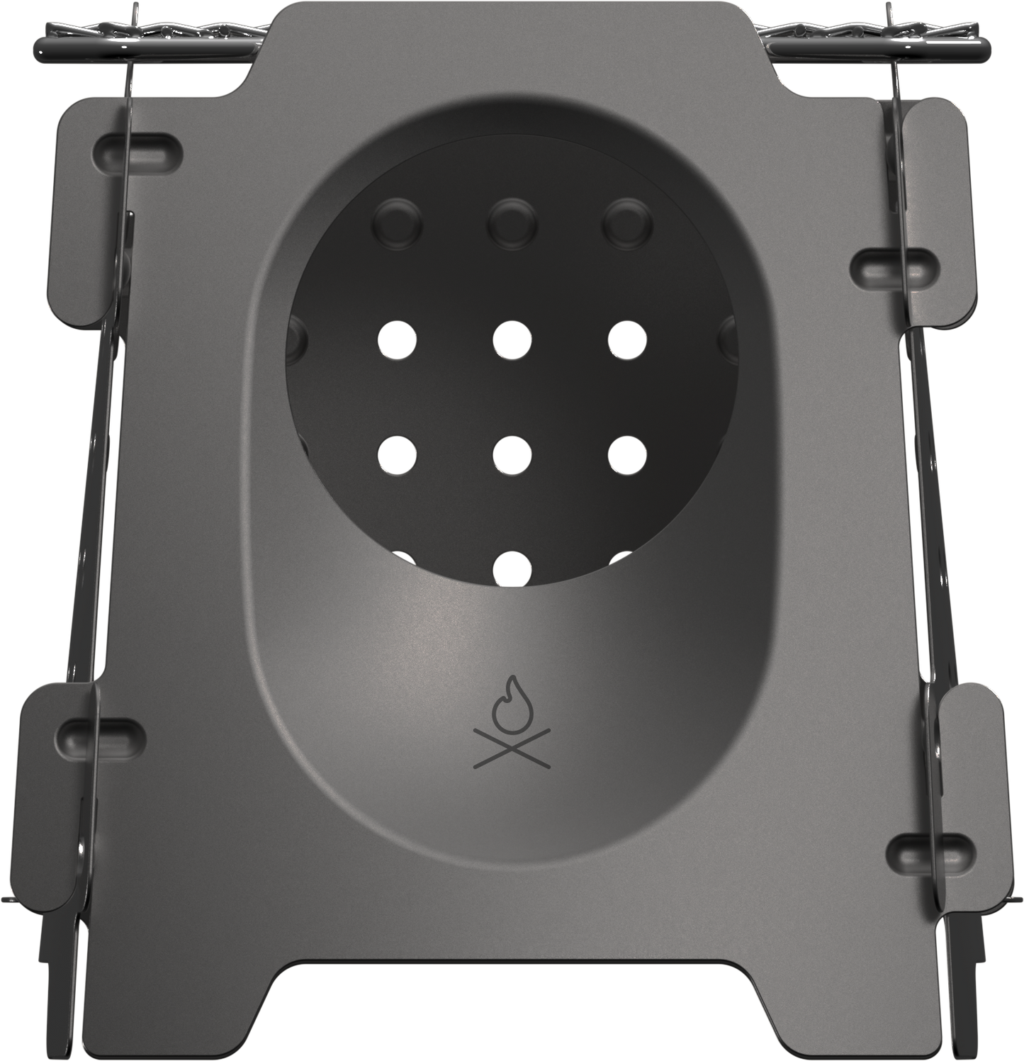 A top-down view of the Überleben Stöker Flatpack Stove by Überleben, a compact, portable camp stove with a round perforated center for airflow, foldable side panels, and a flame icon etched on the surface.