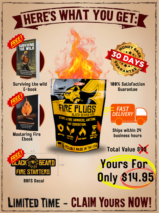 Promotional image for Black Beard Fire Starters Fire Plugs - Fire Starter Tinder includes waterproof plugs, free e-books, and a sticker. Features fast delivery, satisfaction guarantee, and a hot sale price of $14.95 (was $43), with bold fiery design elements.