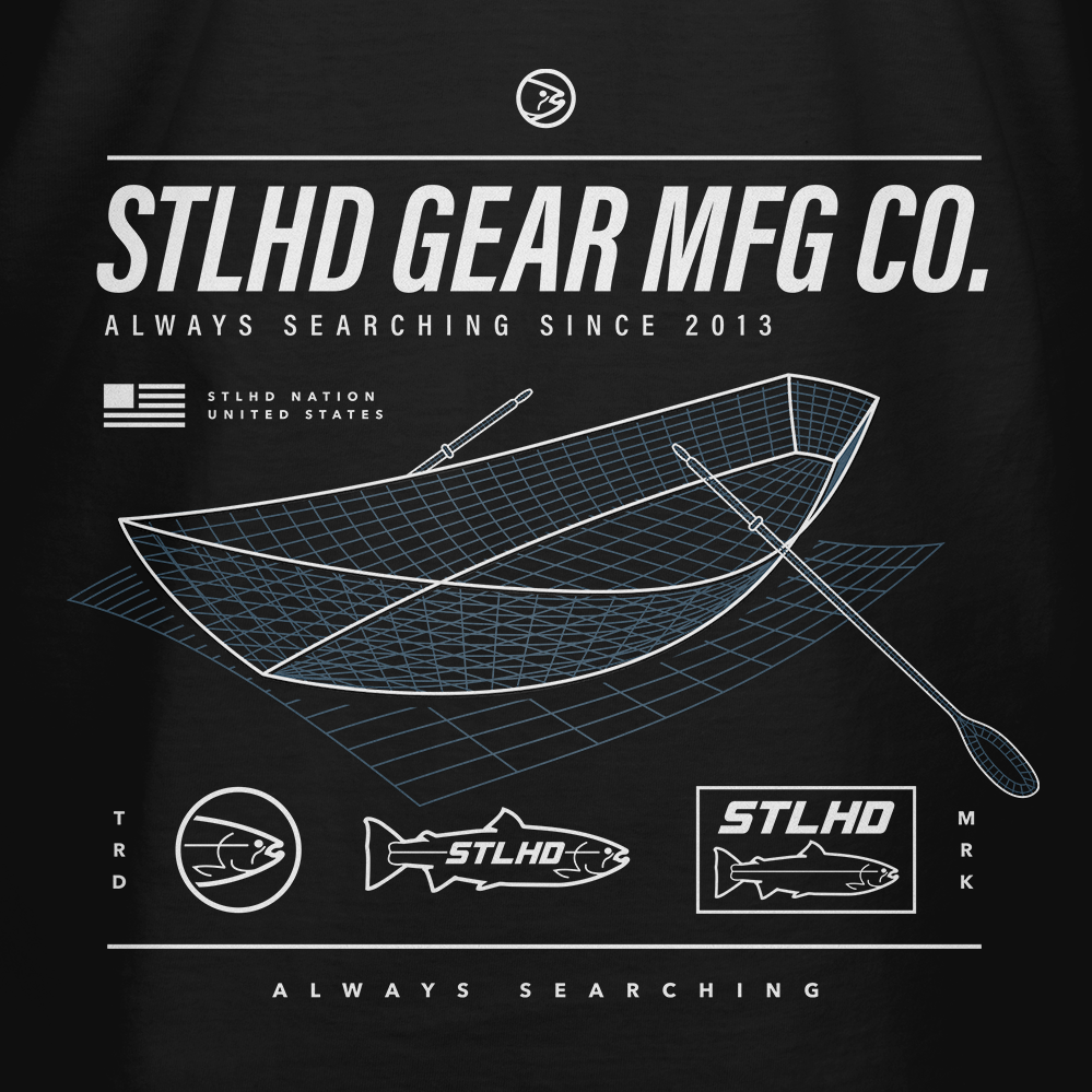 Black t-shirt with white STLHD GEAR MFG CO. and scans of a drift boat graphics and text