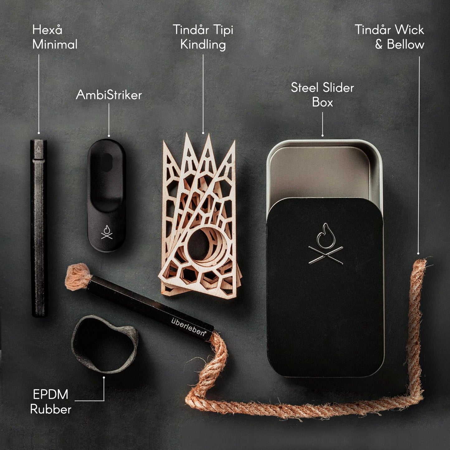 The Überleben FIREKIT by Überleben is an all-in-one fire starter kit with a metal rod, black striker, wooden kindling, steel slider box, wick/bellow, rubber tube, and rope—each labeled on a dark background—essential for any adventure.