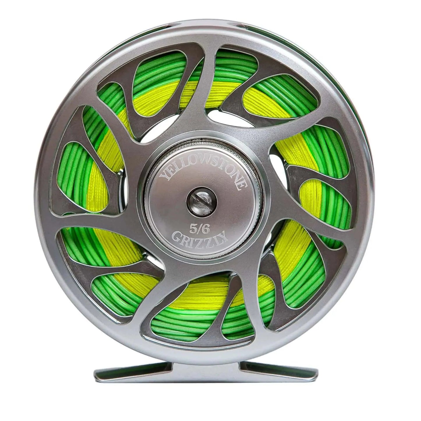 The Jackson Hole Fly Company Bass Smasher Rod Combo Kit – 86 6WT features a silver Yellowstone Grizzly 5/6 fly reel with green and yellow line—ideal for bass fishing or as a versatile addition to your fly rod kit.