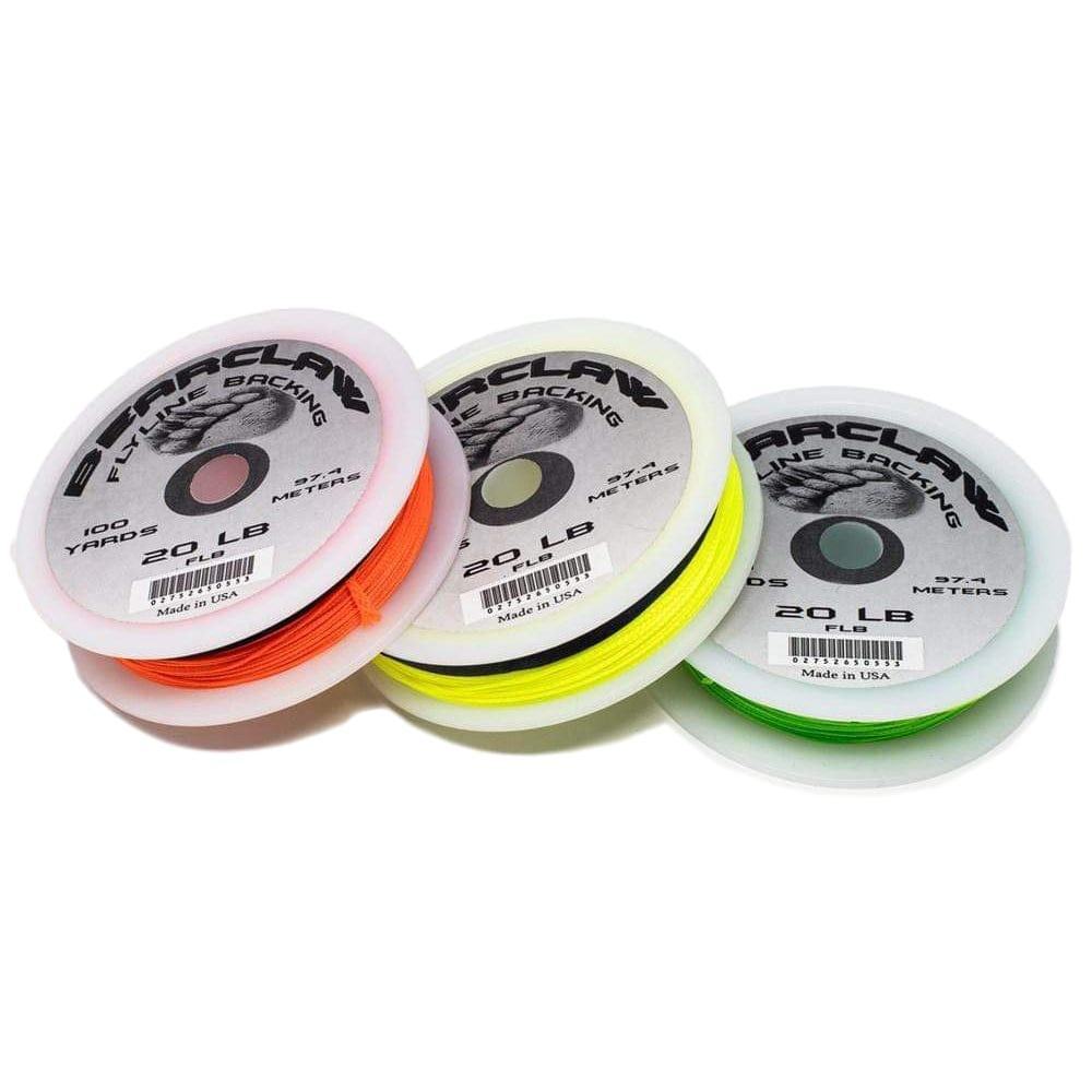 Three spools of orange, green, and yellow “20 LB” Paraclaw Fly Line Backing—perfect for trout fishing or use with the Jackson Hole Fly Company Battenkill River Rod Combo Kit – 70 3WT—are shown on a white background.