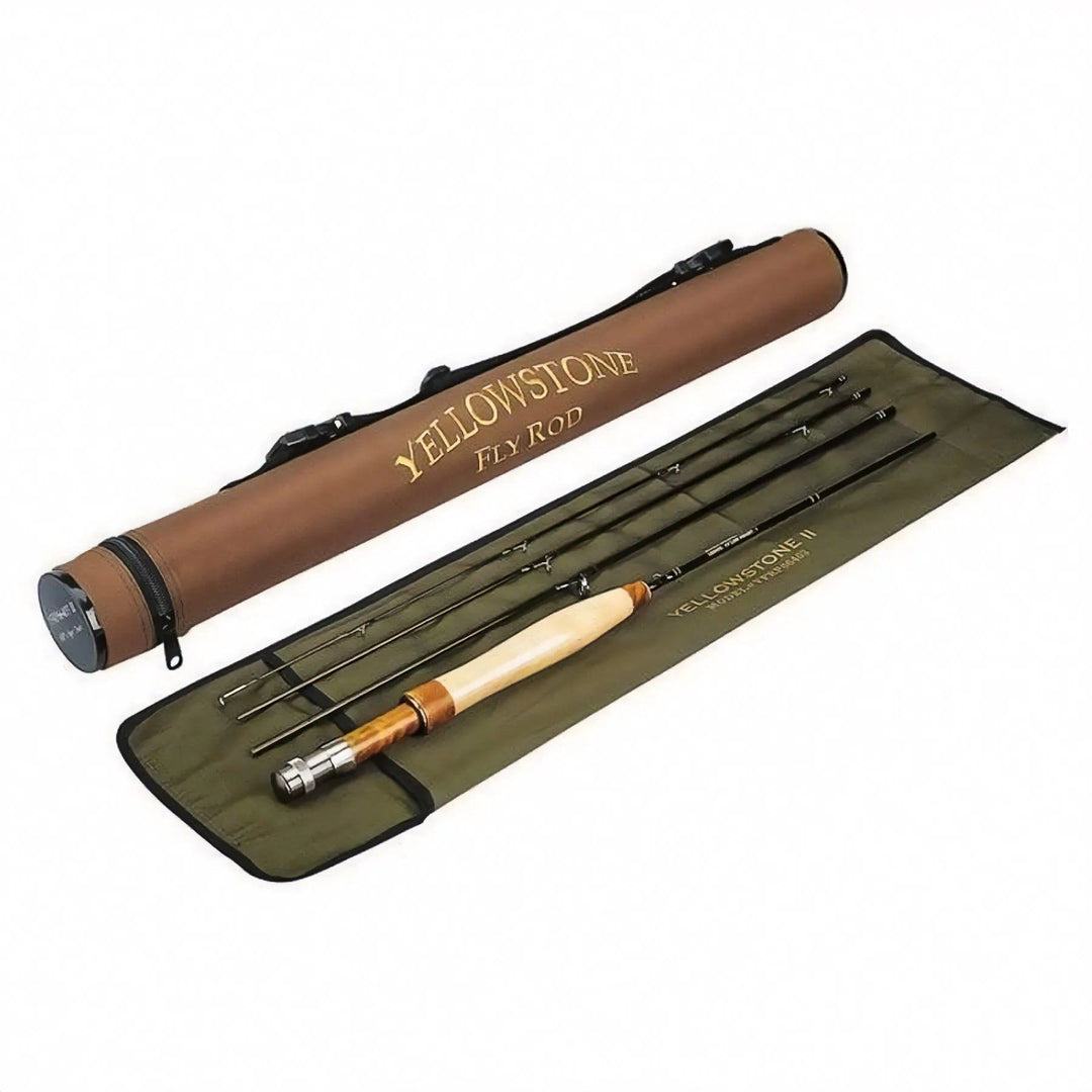 A disassembled Jackson Hole Fly Company Battenkill River Rod Combo Kit – 70 3WT with a wooden handle is arranged on a green cloth case beside a brown rod tube—ideal for trout fishing with your favorite lightweight fly reel.