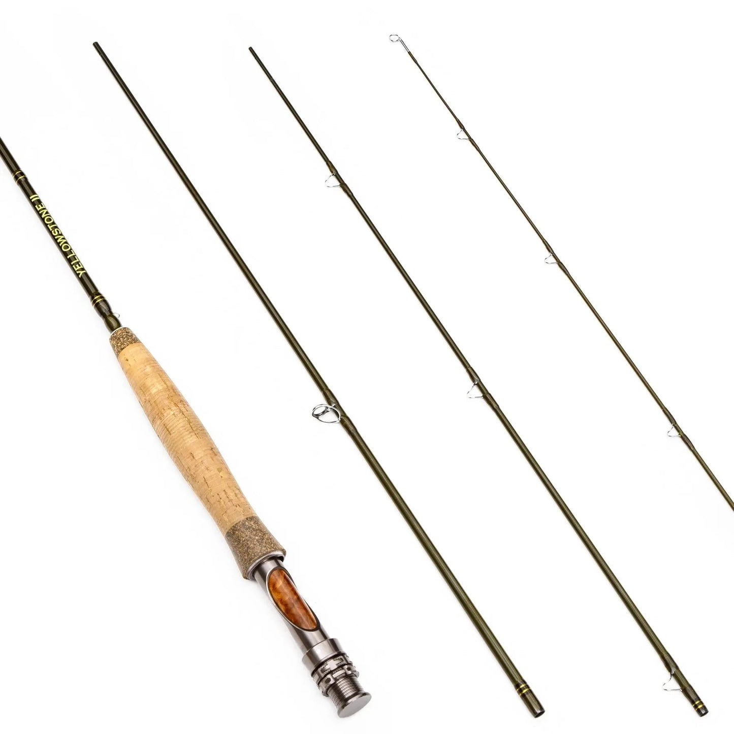 The Jackson Hole Fly Company Battenkill River Rod Combo Kit – 70 3WT is shown disassembled, with a cork handle, metal and wood accents, and three rod segments with line guides—ideal for trout fishing enthusiasts.