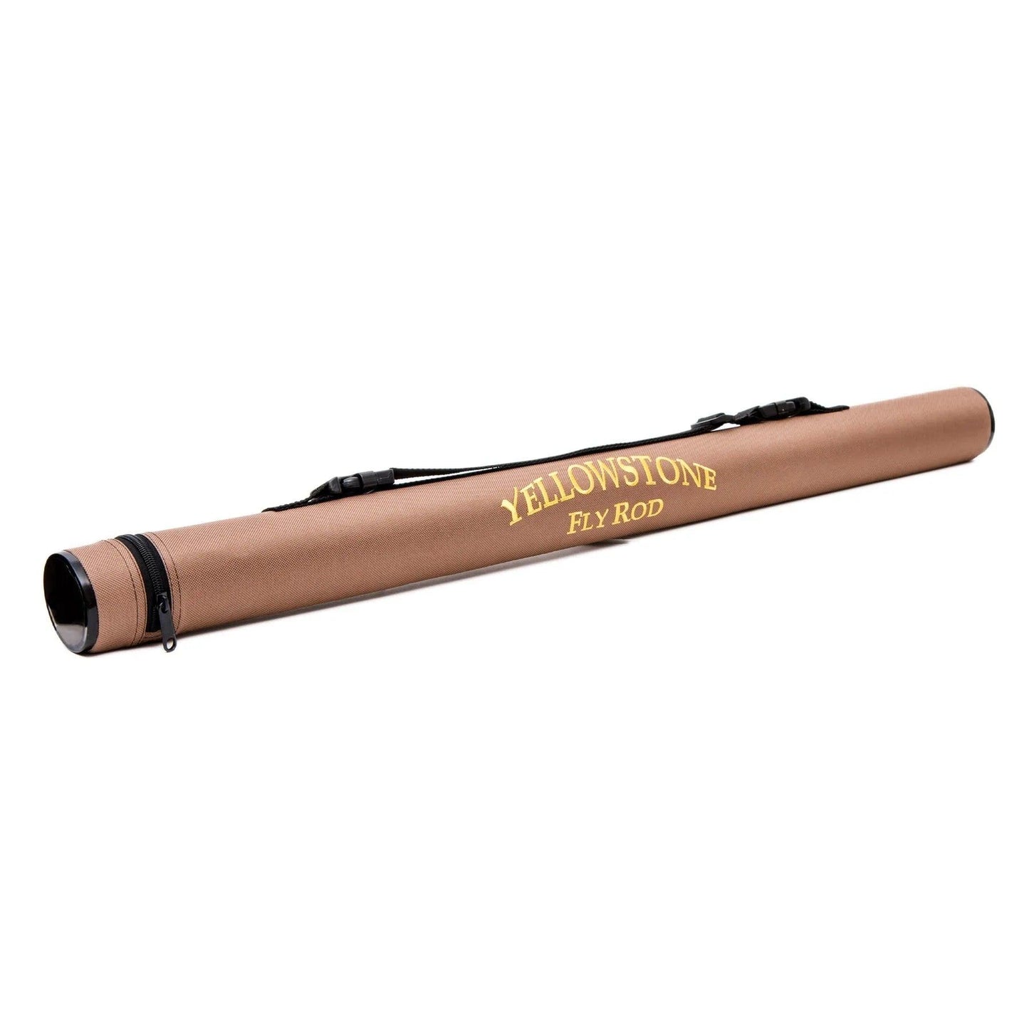 Carry your Battenkill River Rod Combo Kit – 70 3WT by Jackson Hole Fly Company in this brown cylindrical case with black cap, zipper, shoulder strap, and yellow Yellowstone Fly Rod text—ideal for your trout fishing trips.