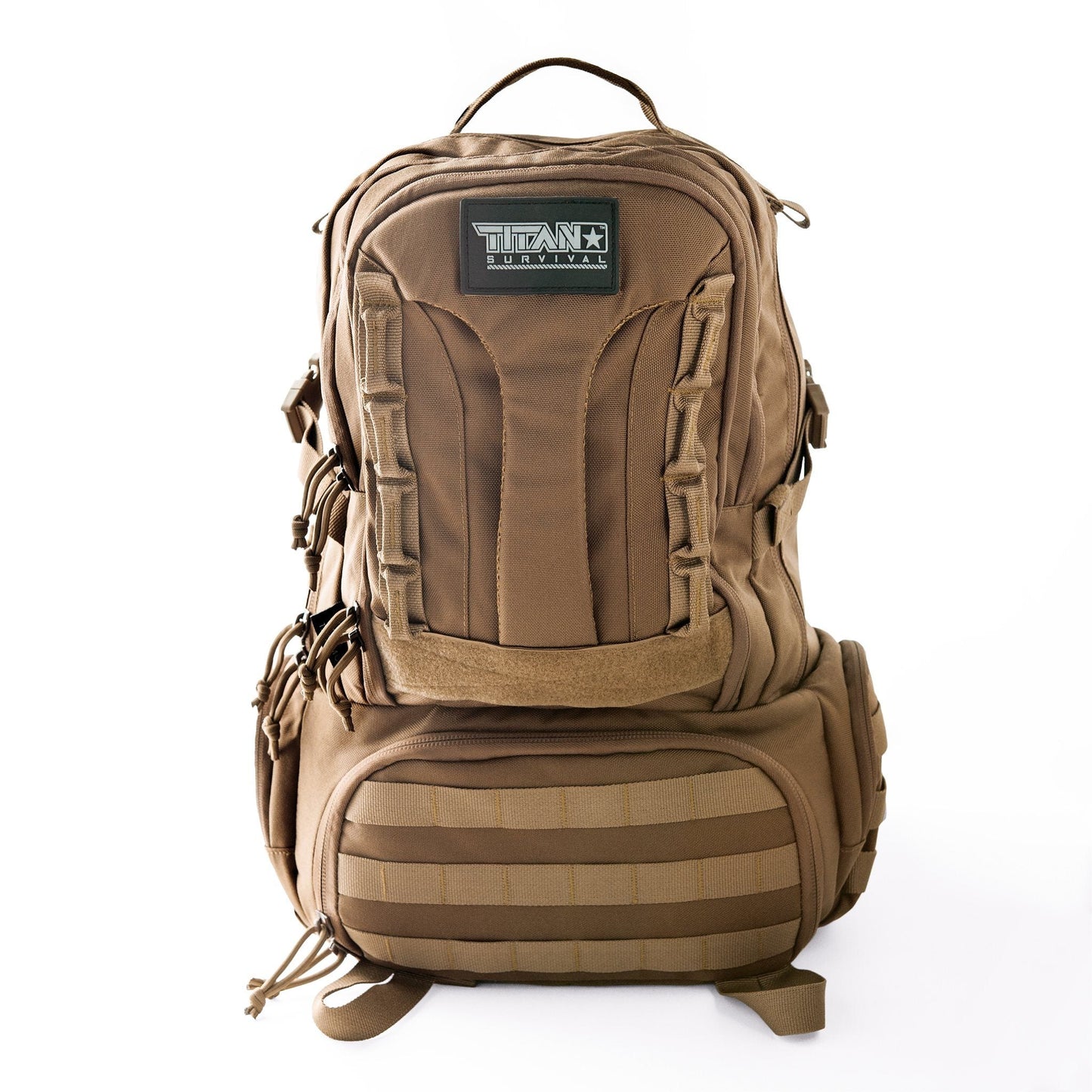 The TACAMO BC50 72-Hour Tactical Backpack by TITAN Survival is a large brown pack with multiple compartments, zipper closures, and MOLLE webbing on the front and sides—perfect for military use—shown against a white background.