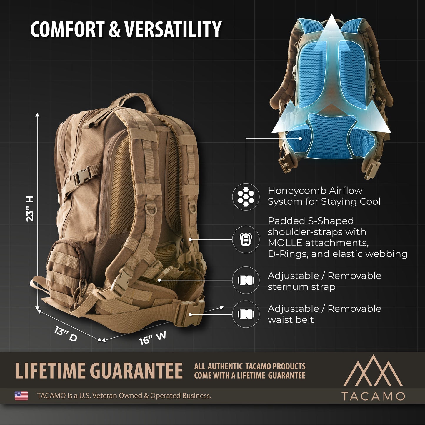 The TACAMO BC50 72-Hour Tactical Backpack by TITAN Survival is a tan pack (25x13x16), ideal for hiking or military use. Features include padded S-shoulder straps, honeycomb airflow back, versatile straps, and multiple attachment points.