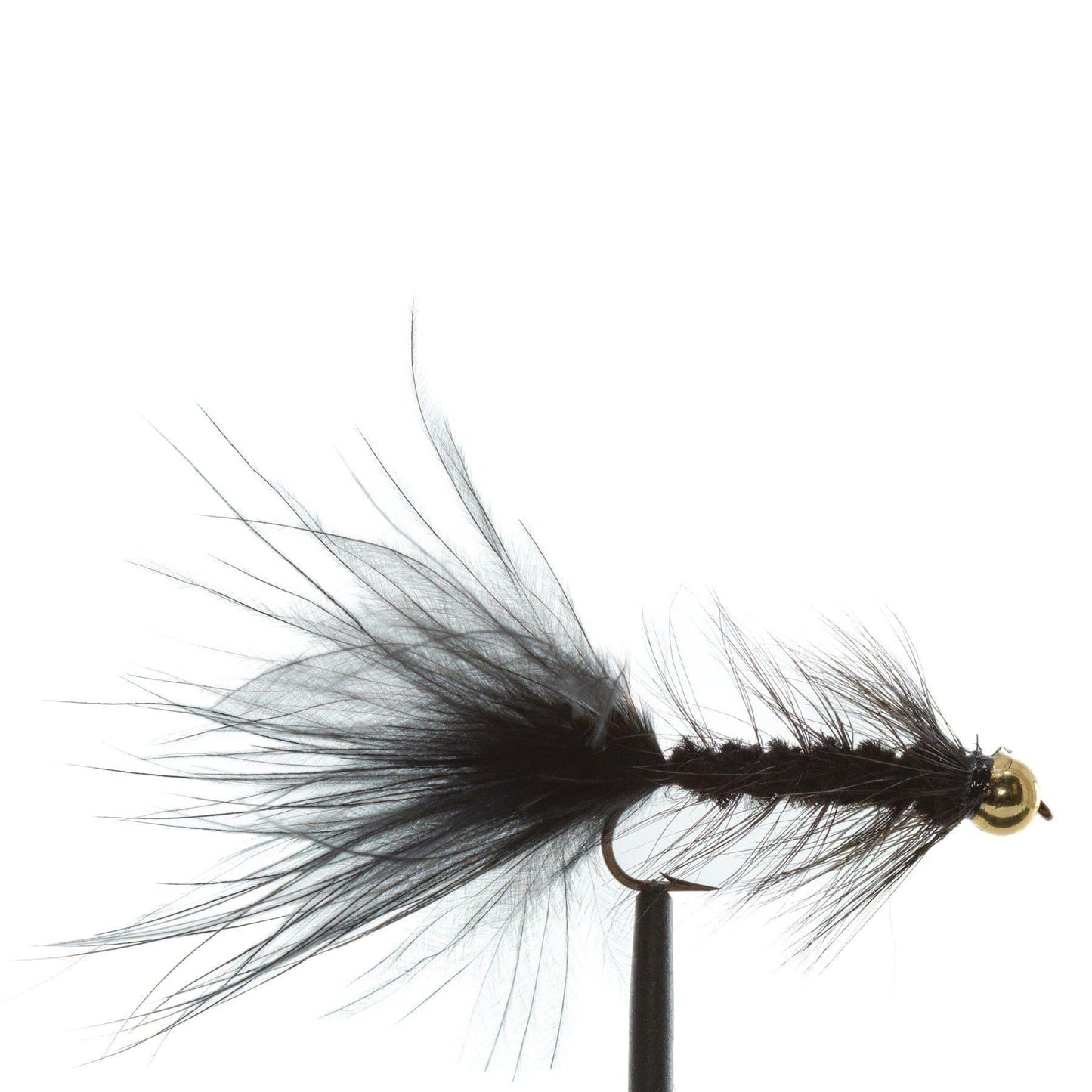 A close-up of a black woolly bugger with a gold bead head, featured in the Jackson Hole Fly Company’s JHFLYCO Snake River Guides Choice Fly Box—curated for Cutthroat Country—shown against a white background.