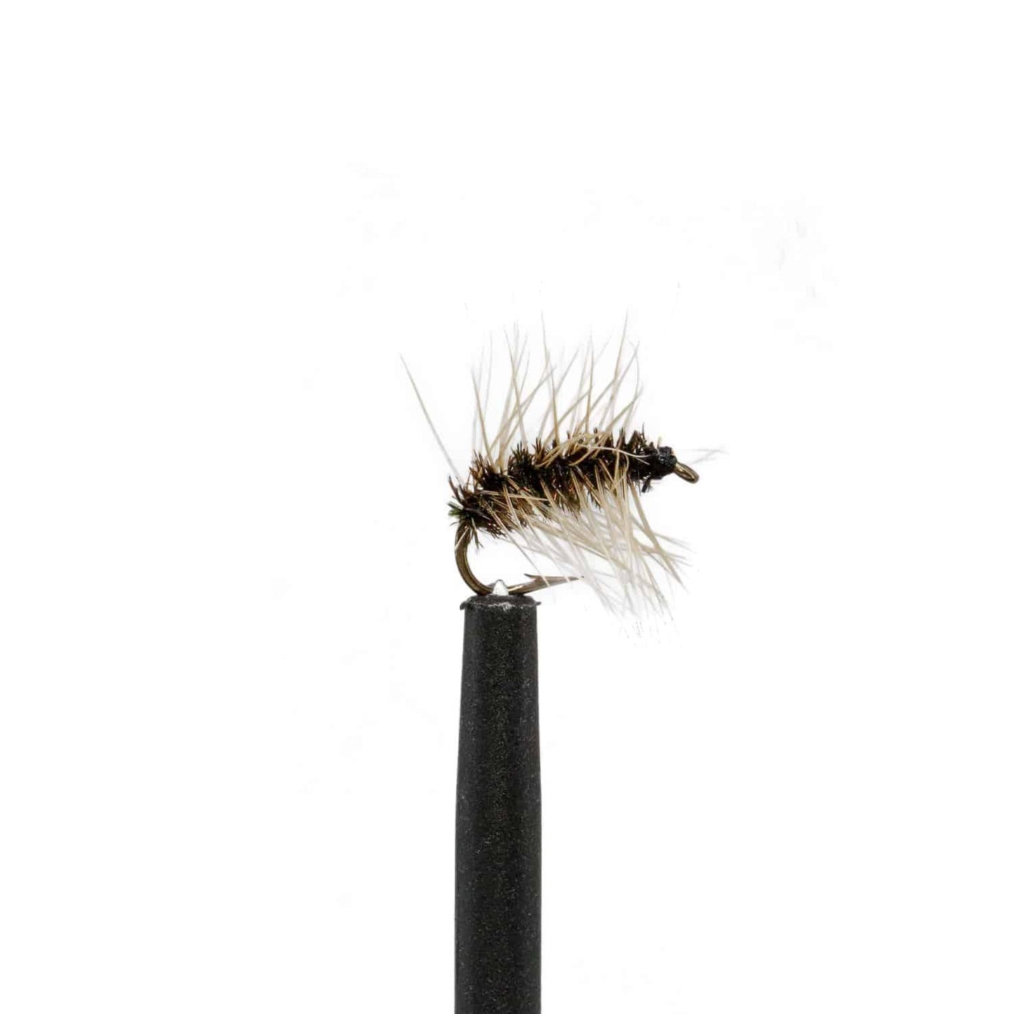 A close-up of a guide-approved fly with brown and white fibers, displayed on a hook—ideal for any trout angler’s JHFLYCO Snake River Guides Choice Fly Box by Jackson Hole Fly Company.
