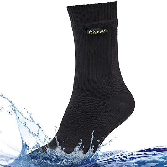 The Pike Trail Waterproof Socks – Stay Dry, Stay Moving, shown in black above splashing water, highlight the brand’s water resistance and reliable blister protection for hikers.