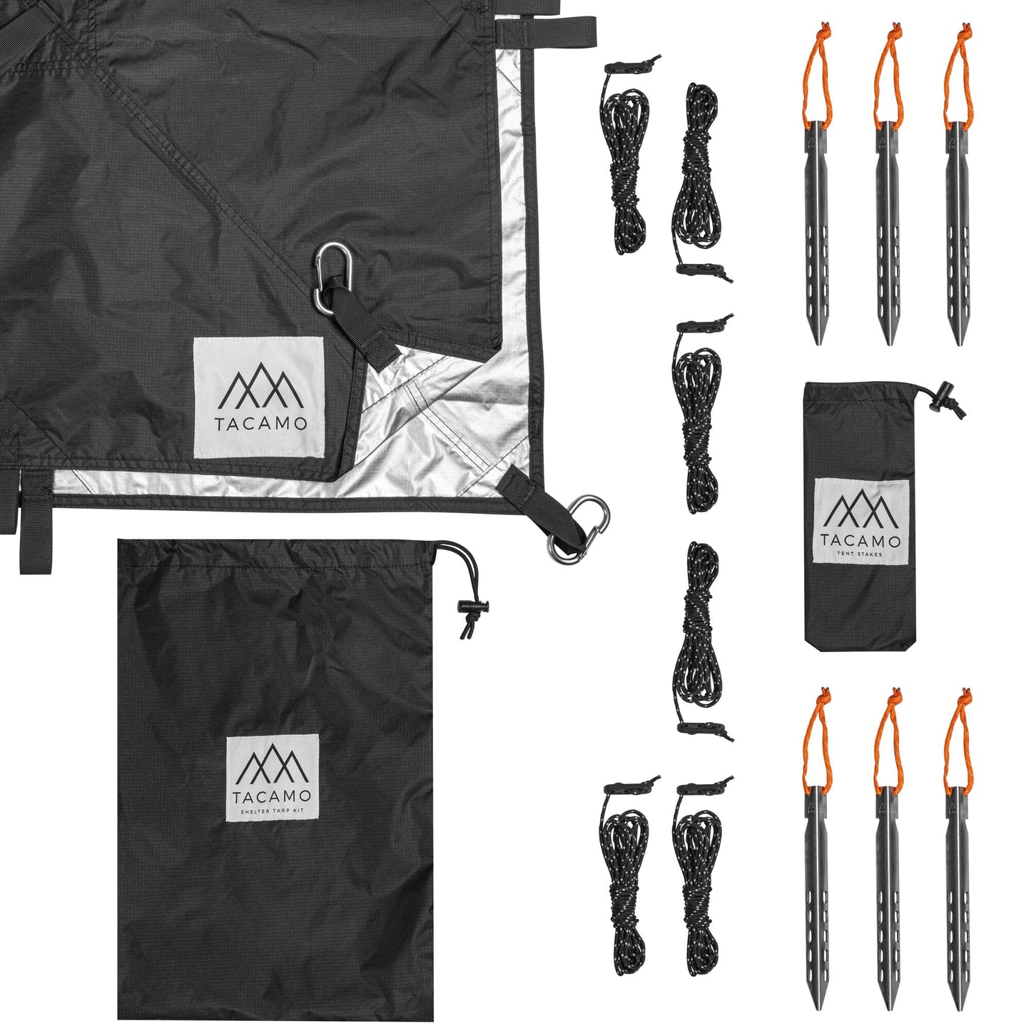 The TACAMO® Bushcraft Reflective Shelter Tarp by TITAN Survival is displayed with four black ropes, six silver stakes with orange loops, and a black drawstring bag, all neatly arranged.