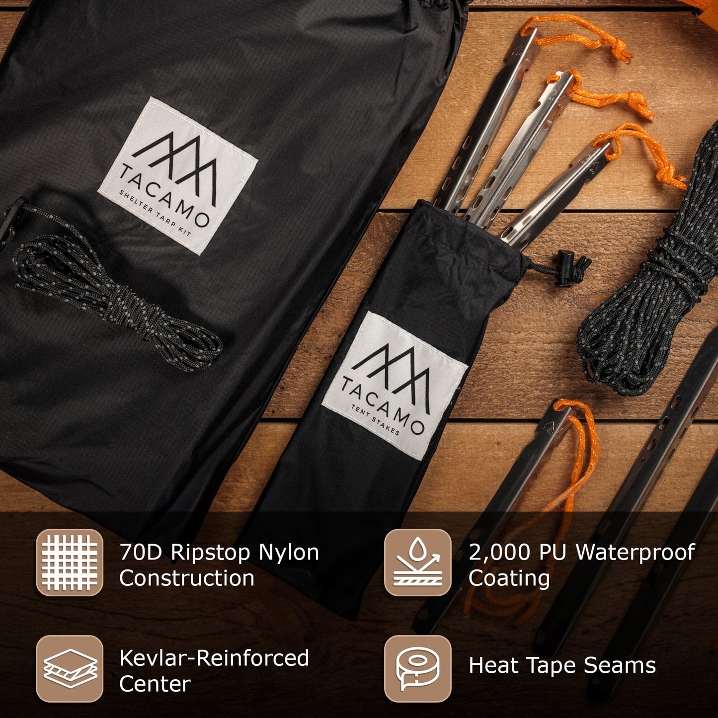 The TITAN Survival TACAMO® Bushcraft Reflective Shelter Tarp, shown with ropes, stakes, and storage bags on wood, features 70D ripstop nylon, Kevlar center, and waterproof coating—perfect for survival or bushcraft shelters.