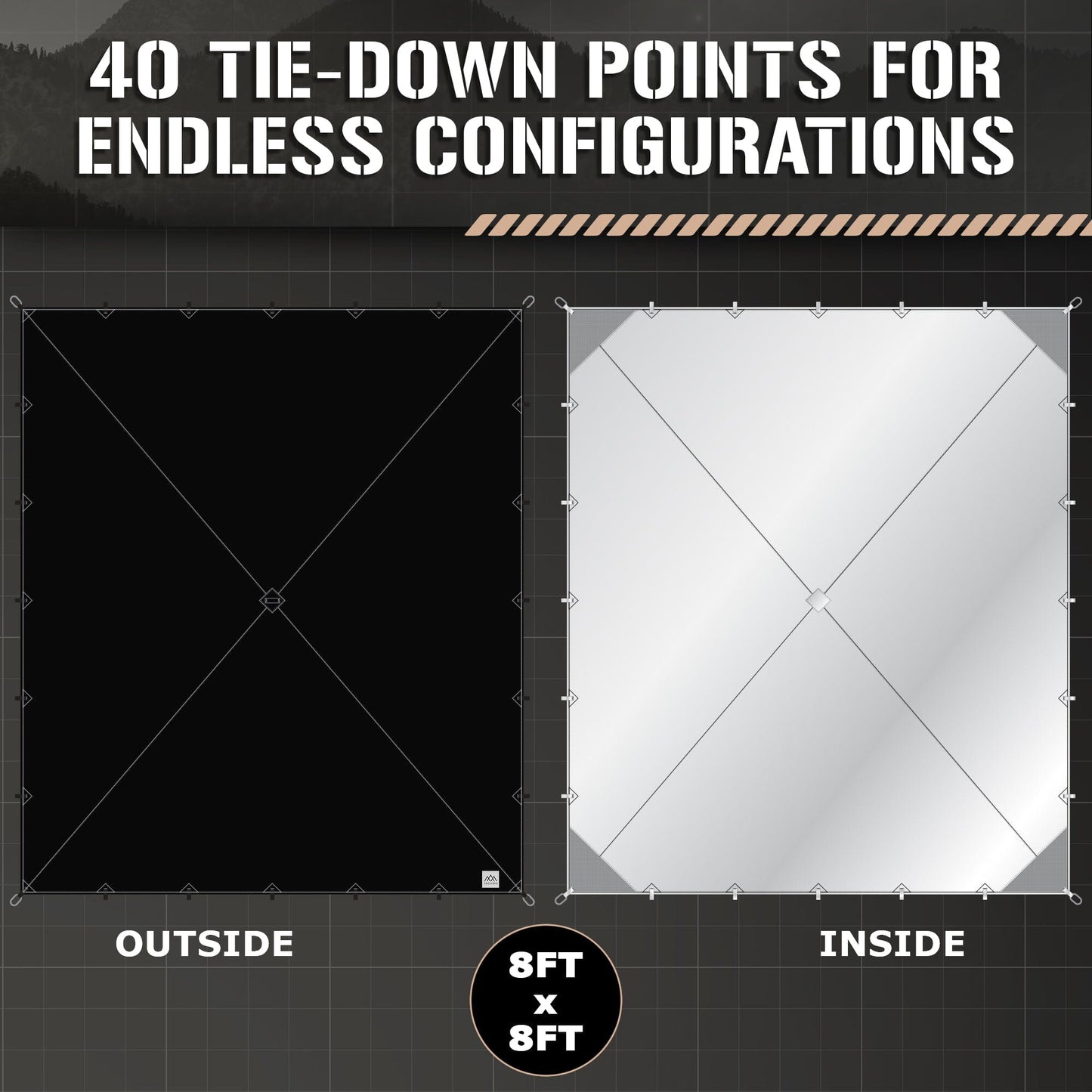 Diagram shows two 8ft x 8ft squares labeled Outside (black) and Inside (white), each with 40 tie-down points for flexible setup. Text highlights endless options for using the TITAN Survival TACAMO® Bushcraft Reflective Shelter Tarp.
