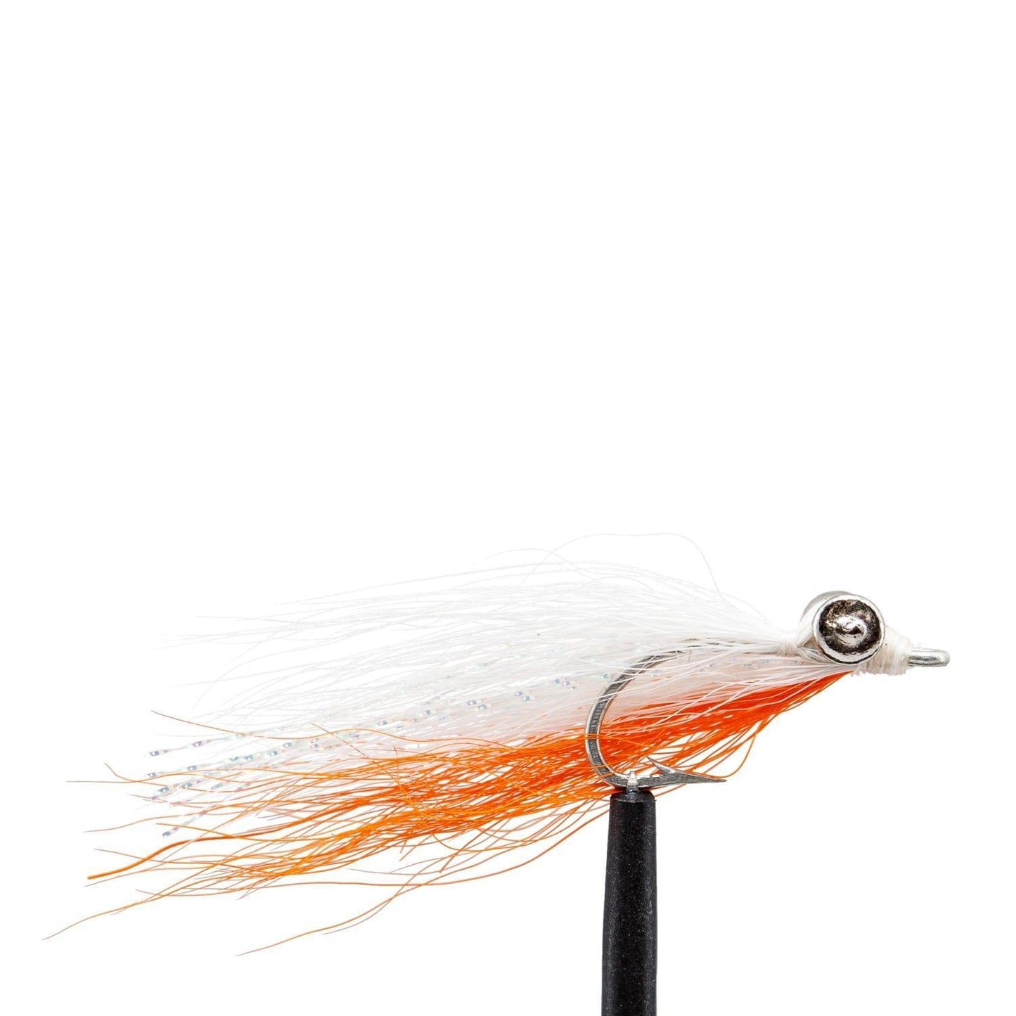 A close-up of a Jackson Hole Fly Company JHFLYCO Snook Fly Box fly, featuring white and orange synthetic fibers, a silver weighted head, and a sharp hook—ideal for saltwater setups—set against a plain white background.