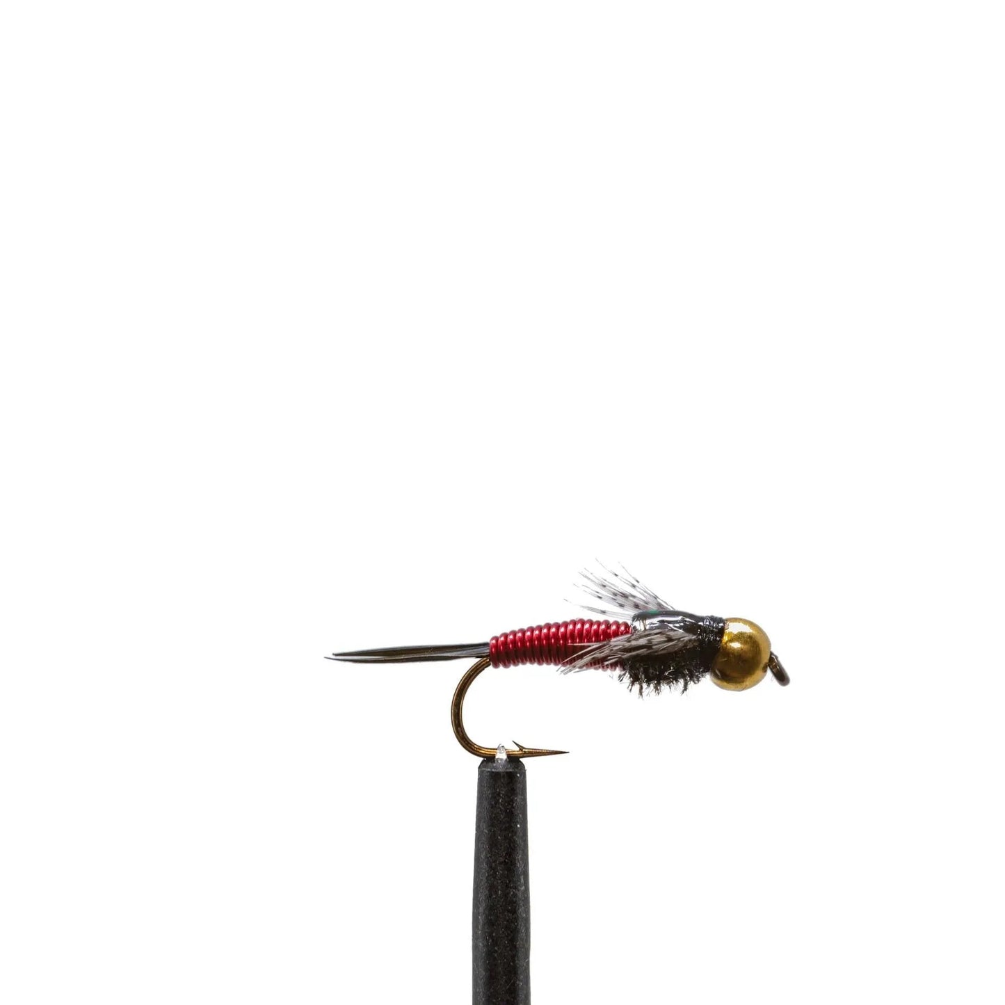 A close-up of a Jackson Hole Fly Company fly with gold bead head, red and black body, and feather wings—featured in the JHFLYCO Snake River Guides Choice Fly Box, curated for Cutthroat Country—set against a plain white background.