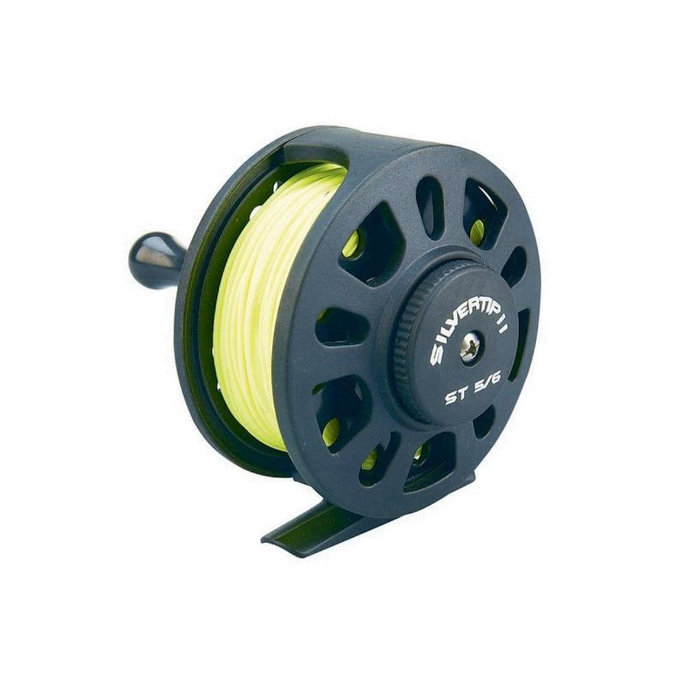The Crystal Creek Fly Fishing Combo Kit – 90 5WT Beginner Set by Jackson Hole Fly Company includes a black reel with yellow line, circular cutouts, and a left-side handle—perfect for any beginner’s fly fishing kit.