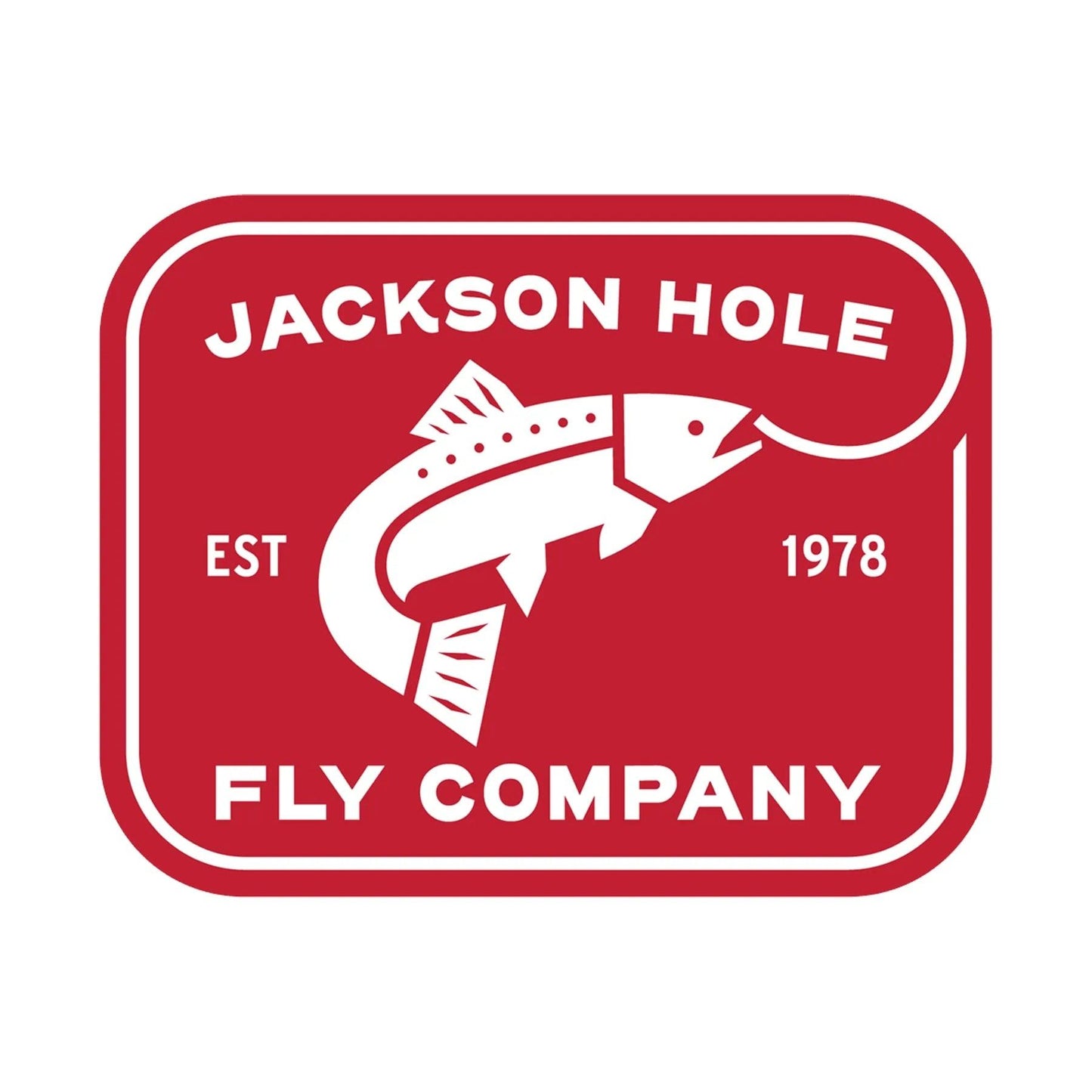 The Jackson Hole Fly Company Dream Stream Rod Combo Kit – 8'6" 6WT features a red and white logo with a stylized fish, capturing the fly fishing spirit—an ideal choice for anglers seeking quality gear. Design is set in a rounded rectangle.