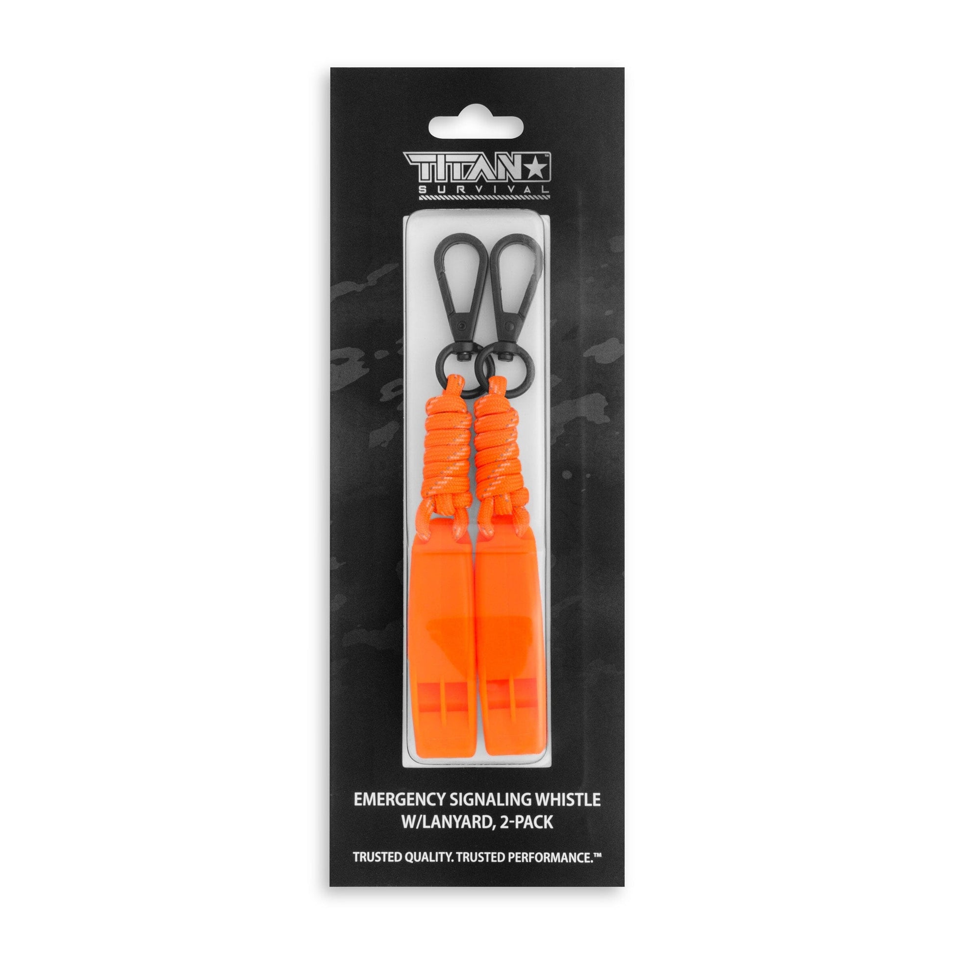 The TITAN Survival 2-Pack Emergency Survival Whistles w/ SurvivorCord® Lanyard features two orange pealess whistles with lanyards—ideal for outdoor safety and perfectly compatible with SurvivorCord® gear.