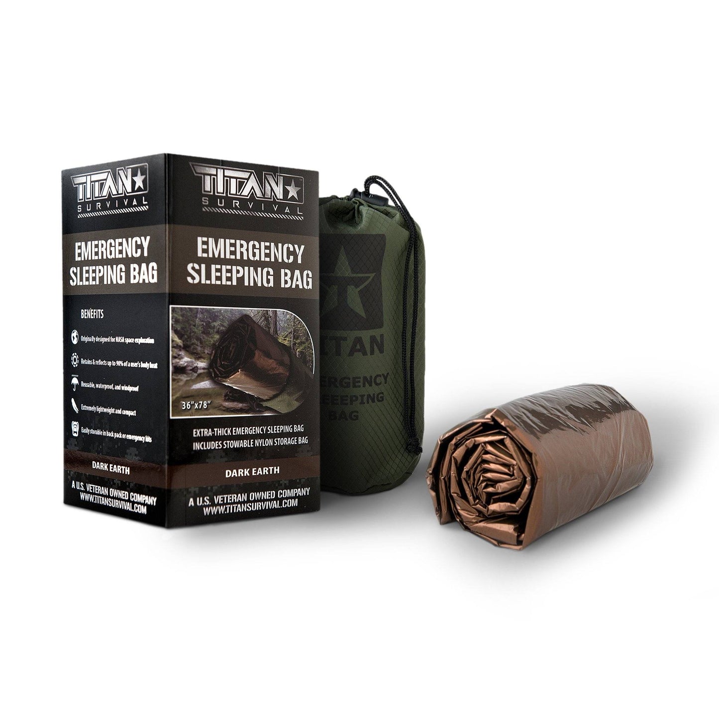Three items are shown on a white background: a black TITAN Survival box, a green drawstring storage bag, and the TITAN Extra-Thick Emergency Survival Sleeping Bag in rolled brown form.