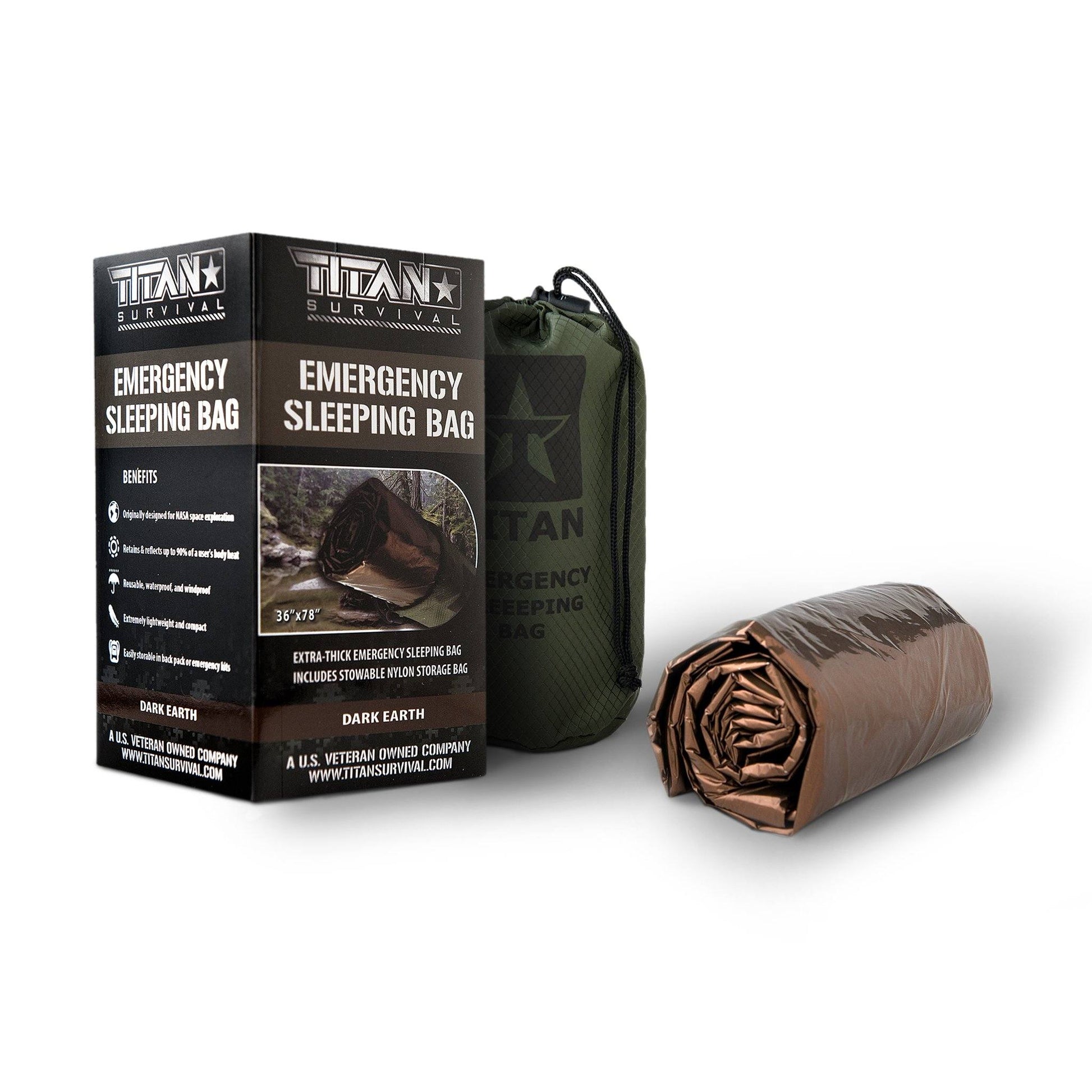 Three items are shown on a white background: a black TITAN Survival box, a green drawstring storage bag, and the TITAN Extra-Thick Emergency Survival Sleeping Bag in rolled brown form.