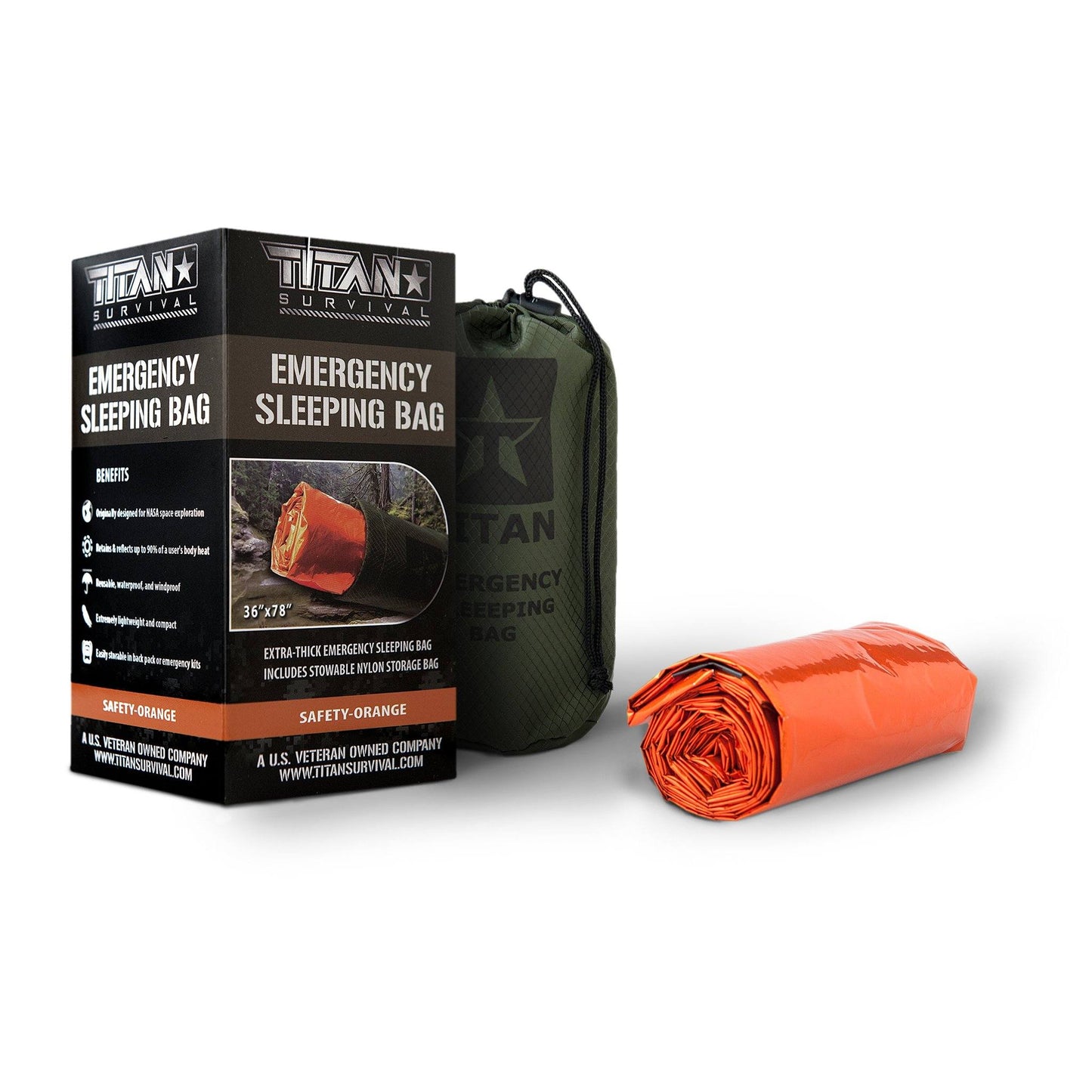 The TITAN Survival Extra-Thick Emergency Survival Sleeping Bag kit includes a black box, green carrying pouch, and a rolled orange sleeping bag with insulating material. The packaging highlights key features and the safety orange color of the bag.