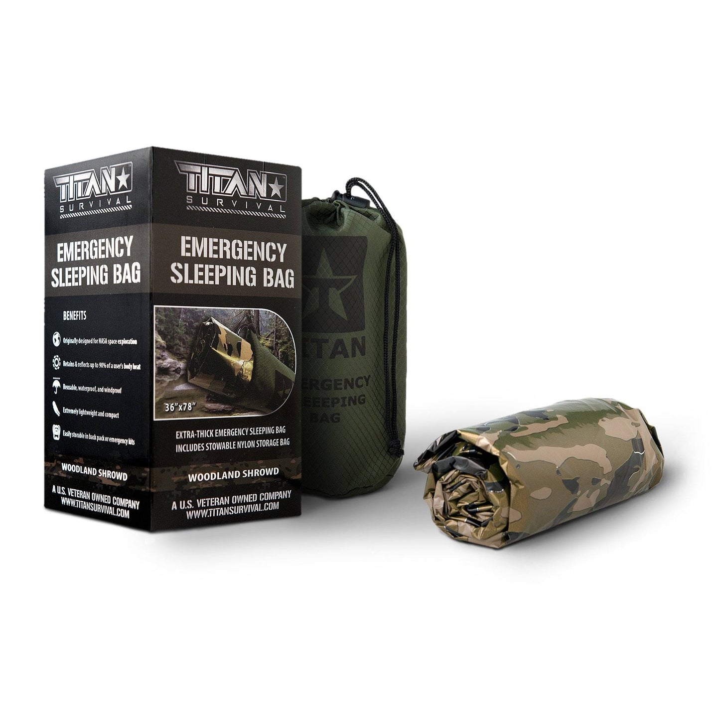 The image displays three items: a TITAN Survival box, a green drawstring bag, and a rolled-up TITAN Extra-Thick Emergency Survival Sleeping Bag with a camouflage pattern for insulation.