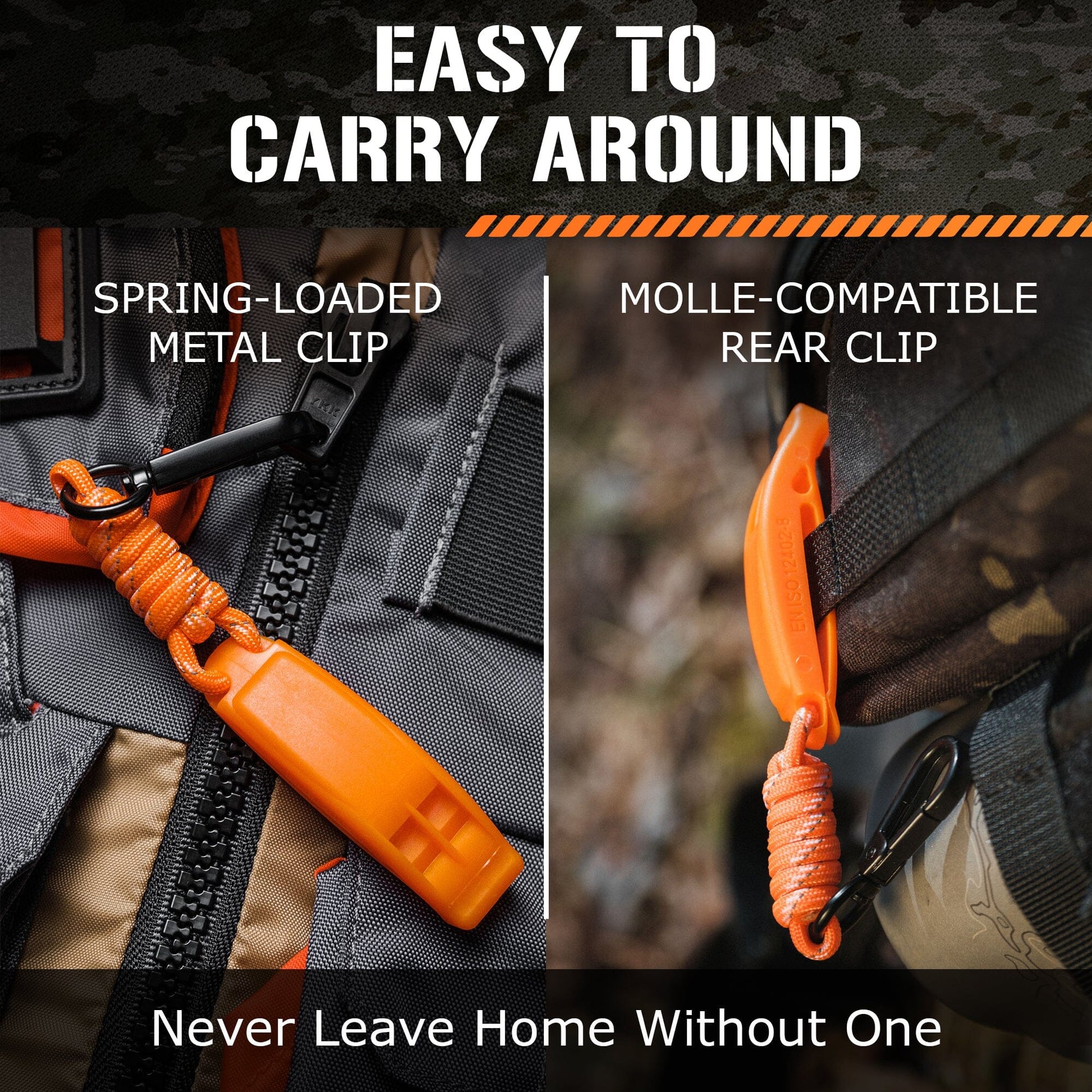 The TITAN Survival 2-Pack Emergency Survival Whistles w/ SurvivorCord® Lanyard are shown clipped to a backpack via the spring-loaded metal and MOLLE-compatible rear clip for easy portability and practical use in any emergency.